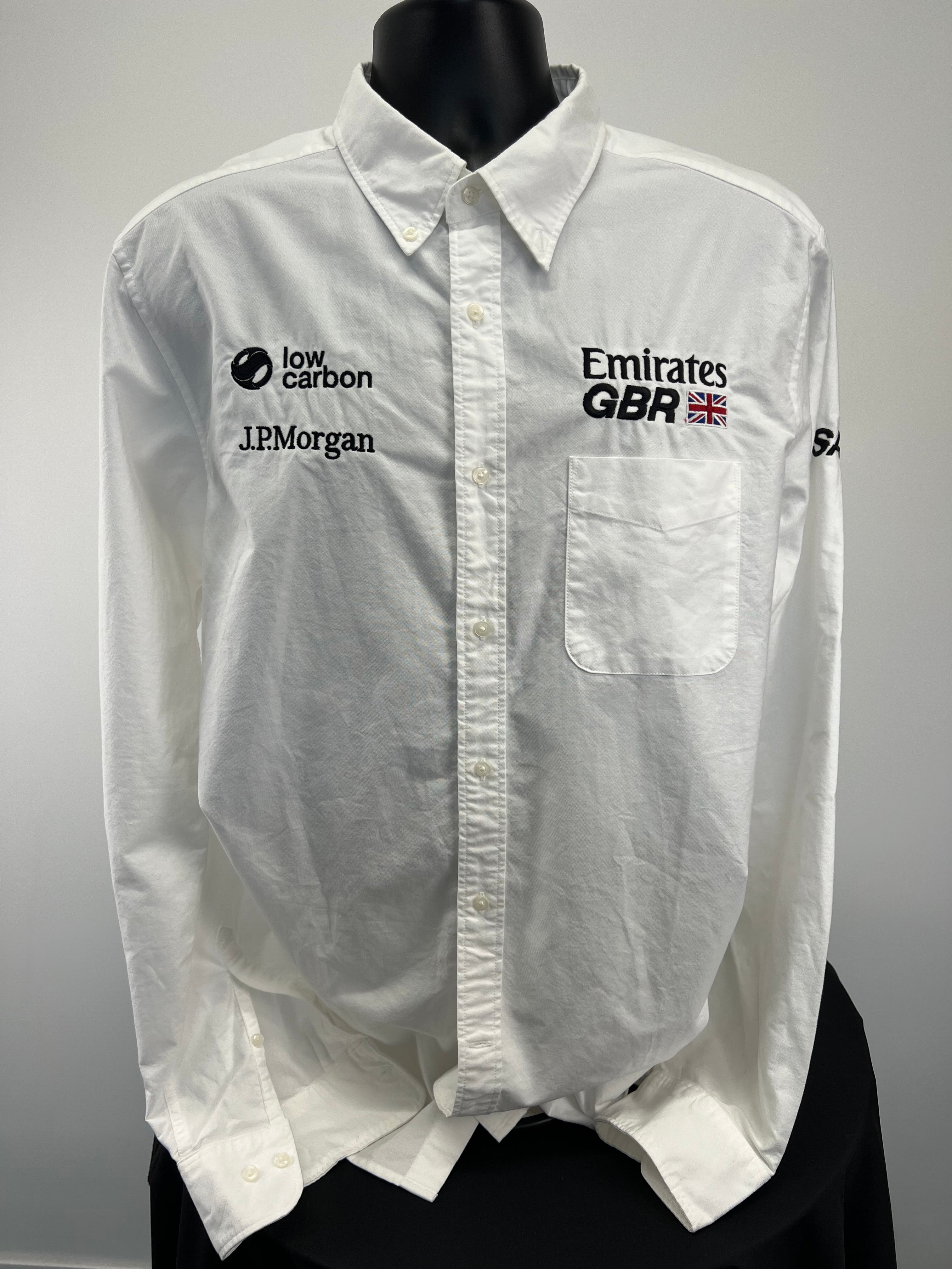 Front view of white Emirates GBR slim fit men's shirt with embroidered logos and button-down collar