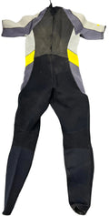 Gill short arm wetsuit laid flat showing front side with black, grey, beige and yellow colour panels on grass