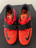 Pair of Nike Romaleos 3 weightlifting shoes in bright red and black with Flywire upper and adjustable straps viewed from the top