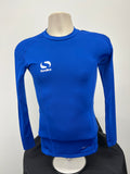 Front view of Sondico men's long sleeve base layer in bright blue with logo on chest
