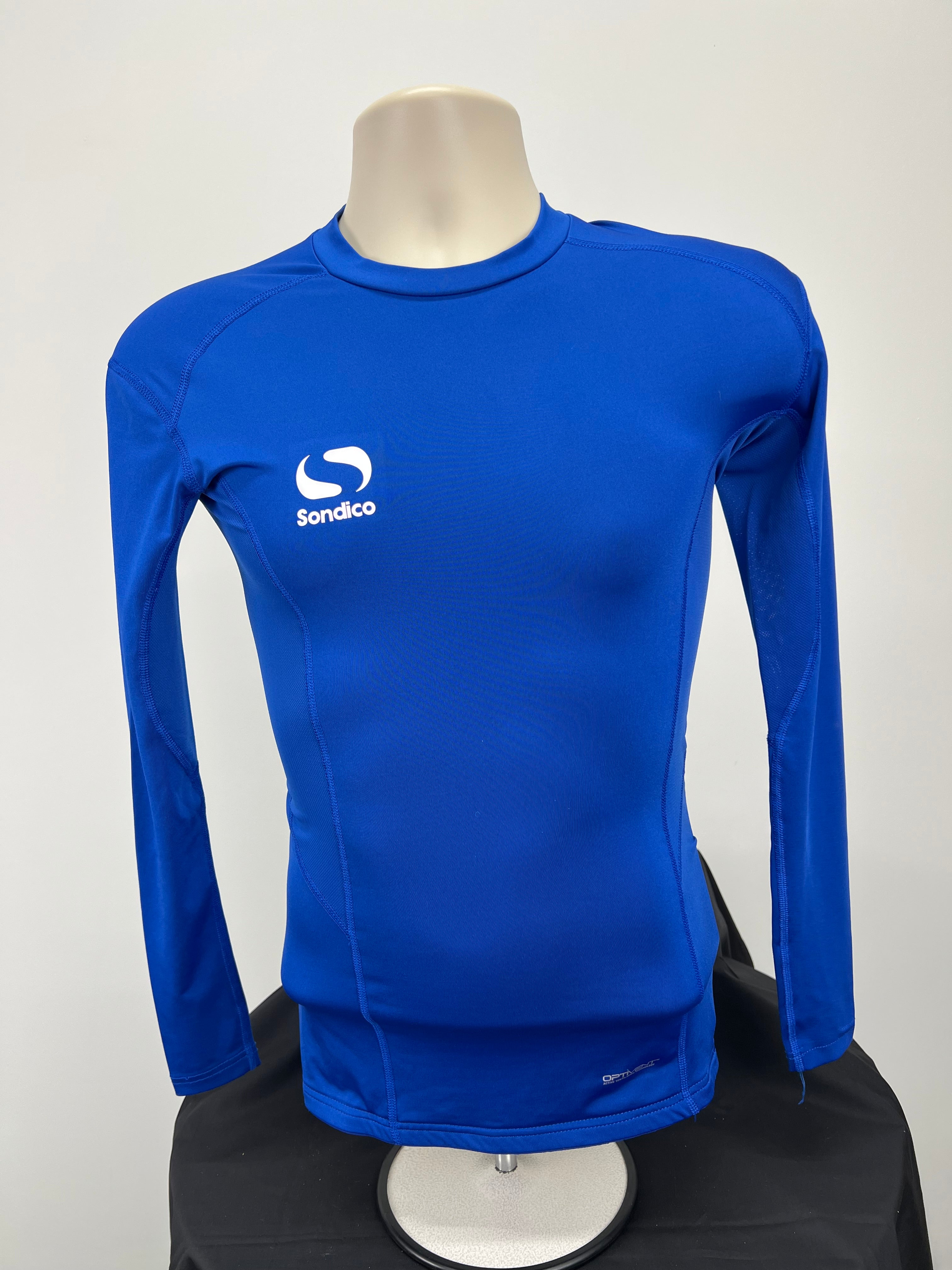 Front view of Sondico men's long sleeve base layer in bright blue with logo on chest