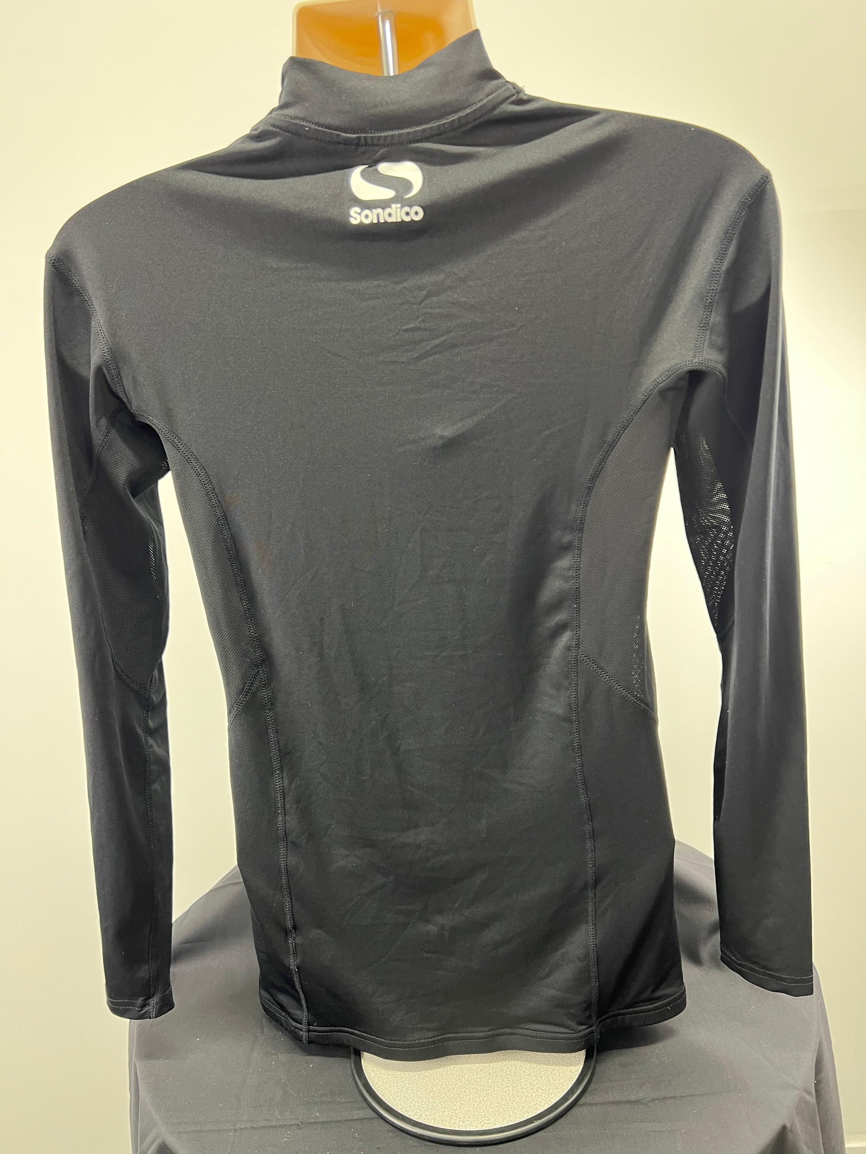 Back view of black Sondico long sleeve base layer showing mesh panels and logo