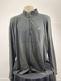 Front view of men's grey Asics long sleeve performance top with half-zip and subtle pattern