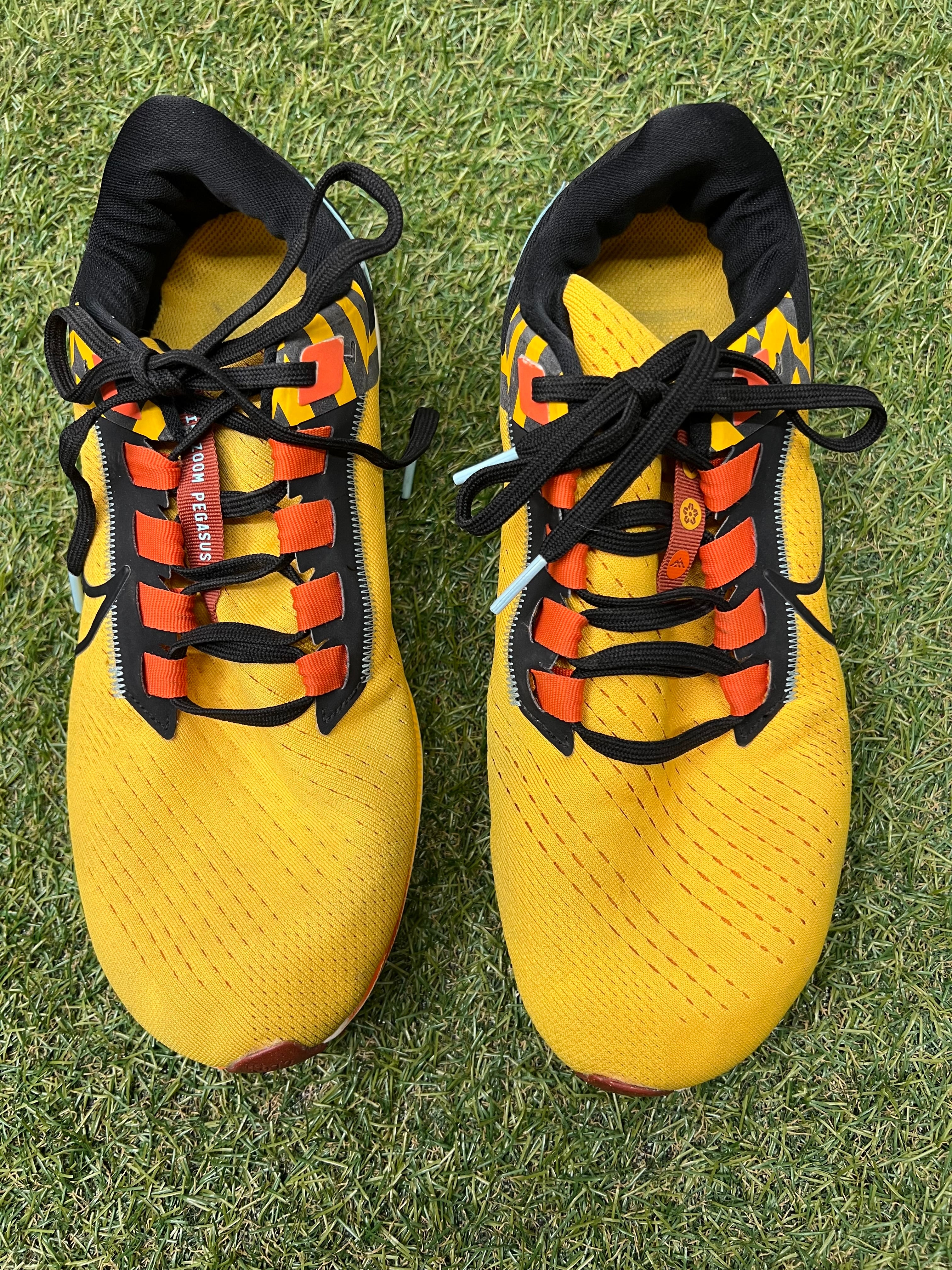 Top view of Nike Air Zoom Pegasus 38 running trainers in yellow with black and orange laces on grass