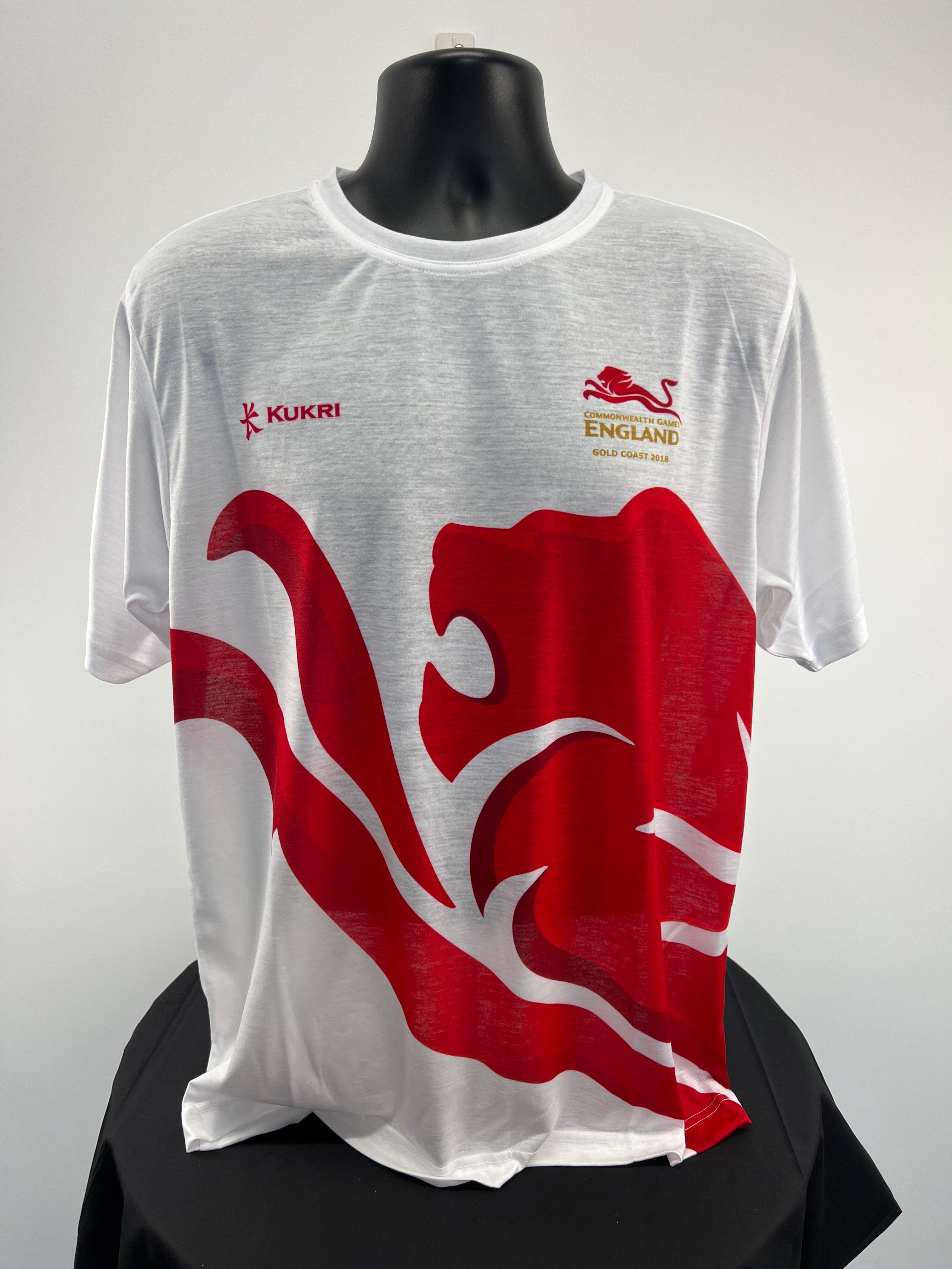 Front view of white men's Kukri t-shirt with large red England lion graphic and Commonwealth Games Gold Coast 2018 logo