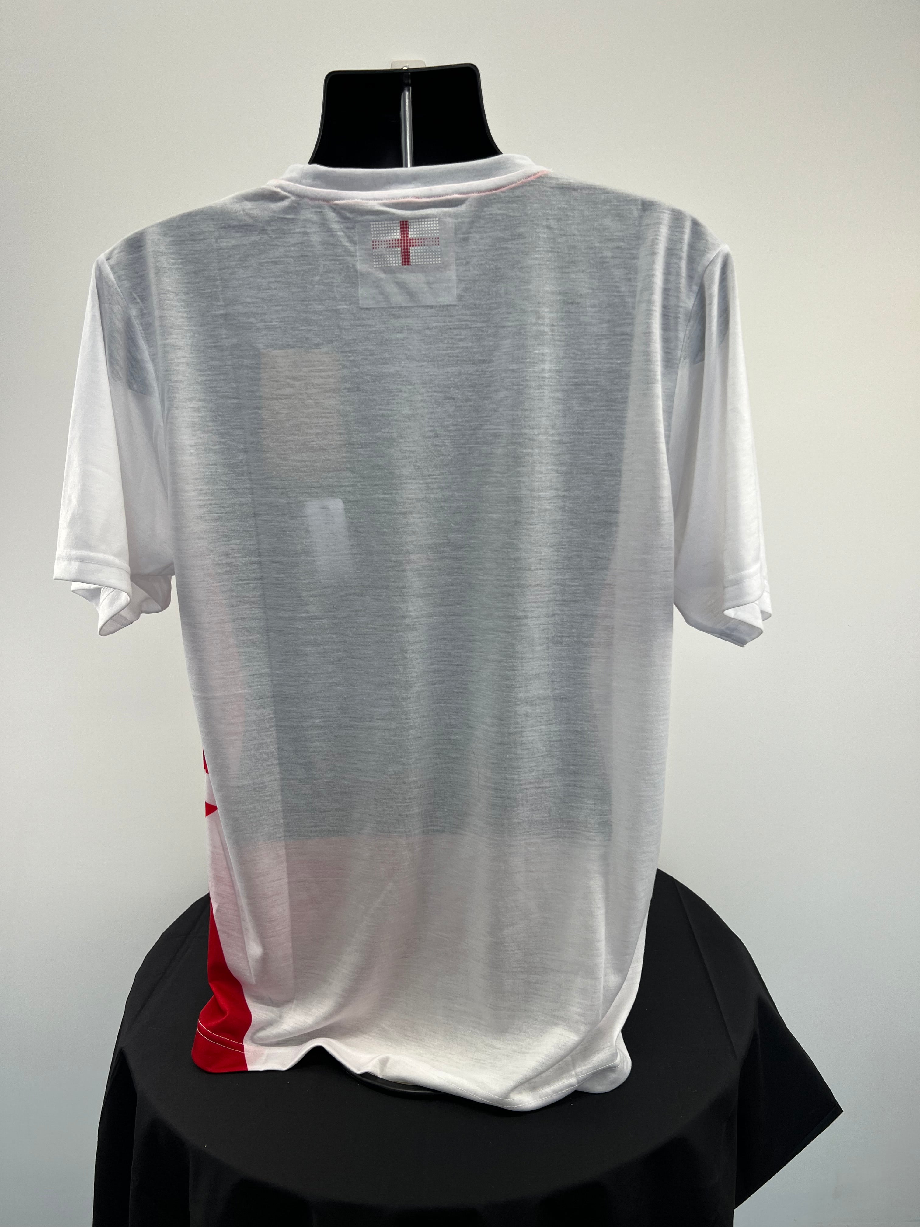 Back view of white Kukri t-shirt showing plain design with small England flag at the neckline