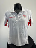 Front view of Team England women's white polo shirt with red side panels and logos