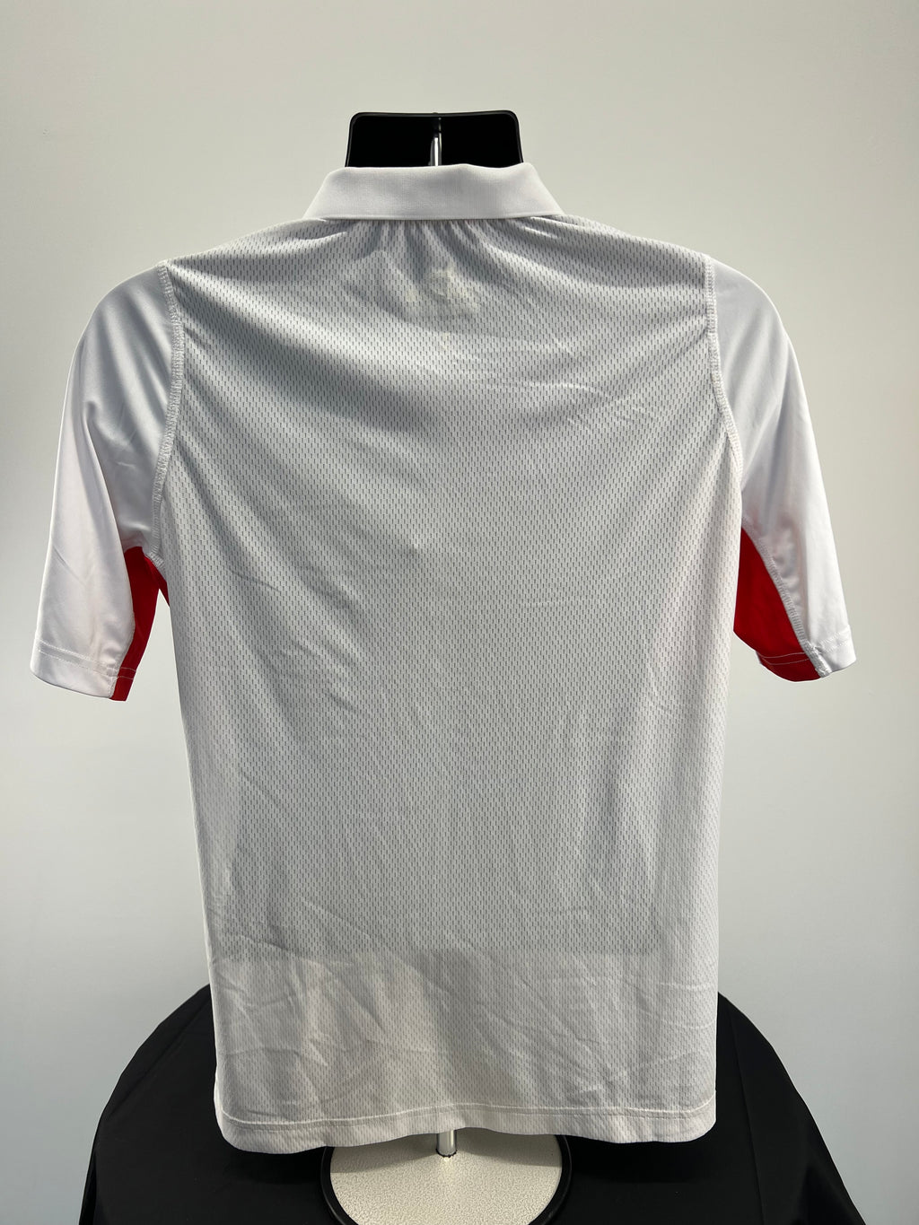 Back view of Team England women's white polo shirt showing breathable mesh fabric