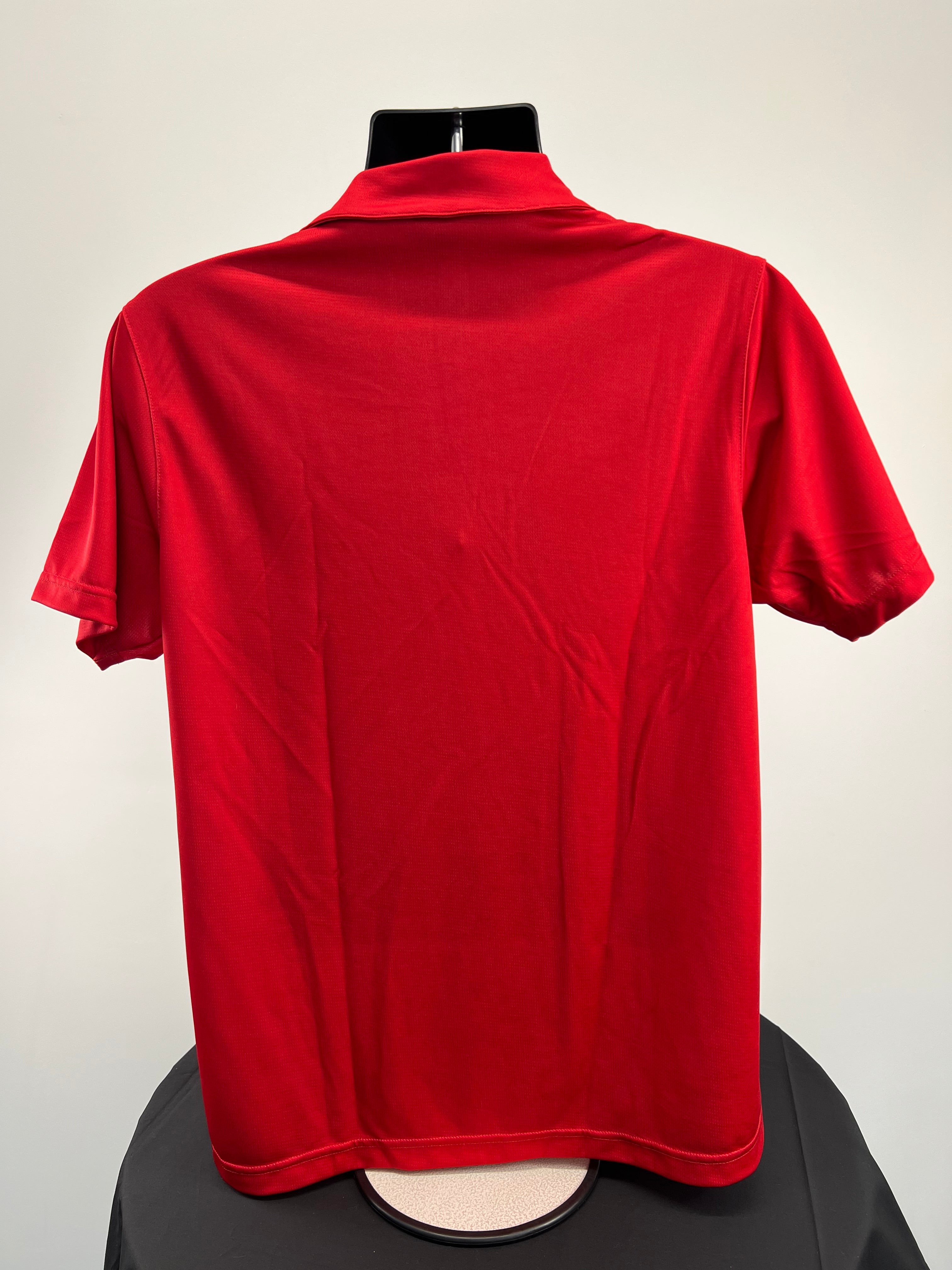 Back view of plain red Kukri polo shirt showing short sleeves and collar