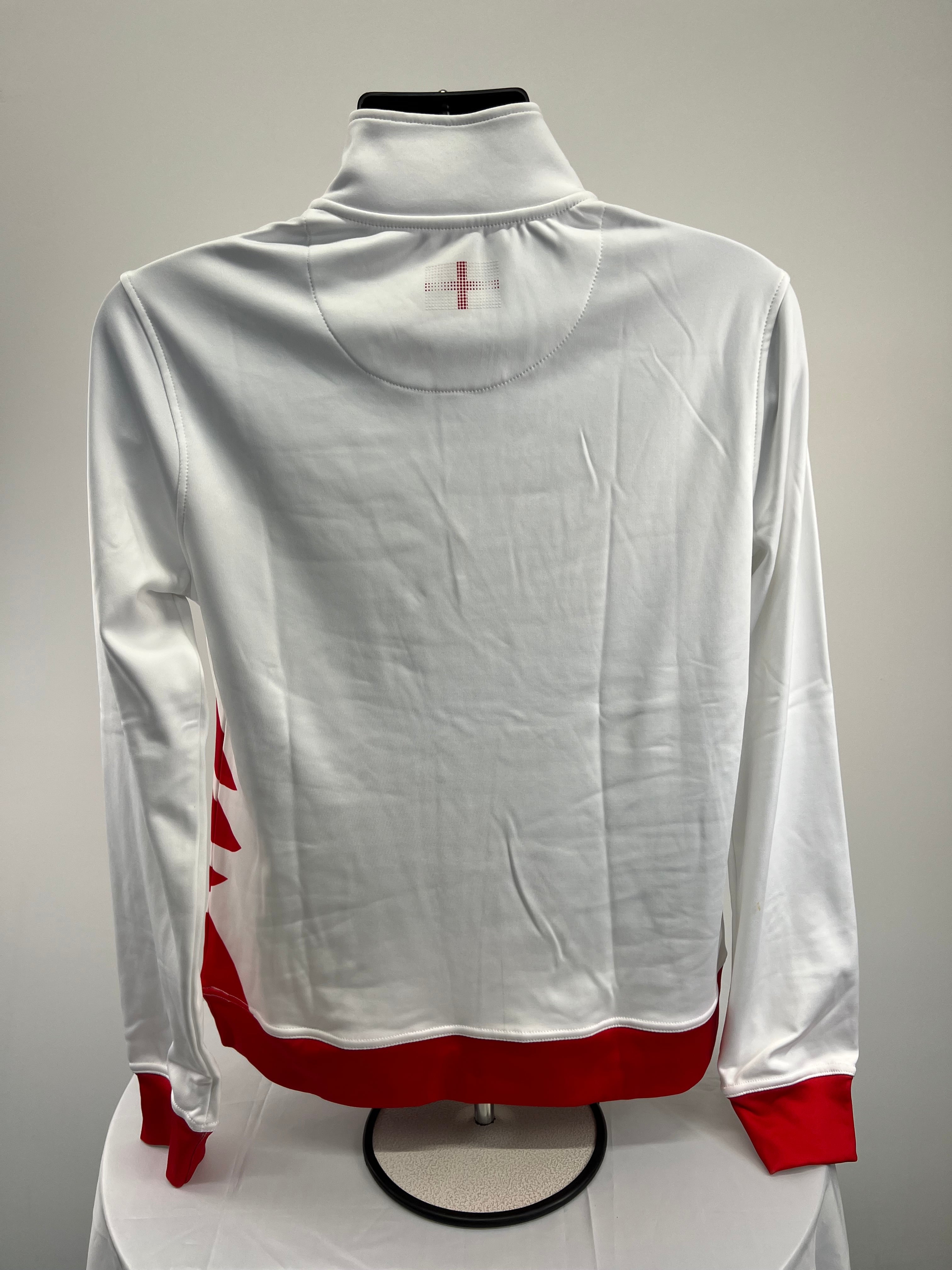 Back view of Team England women's white top showing England flag detail and red cuffs