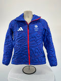 Front view of women's blue Team GB puffer jacket with red zipper and front logos