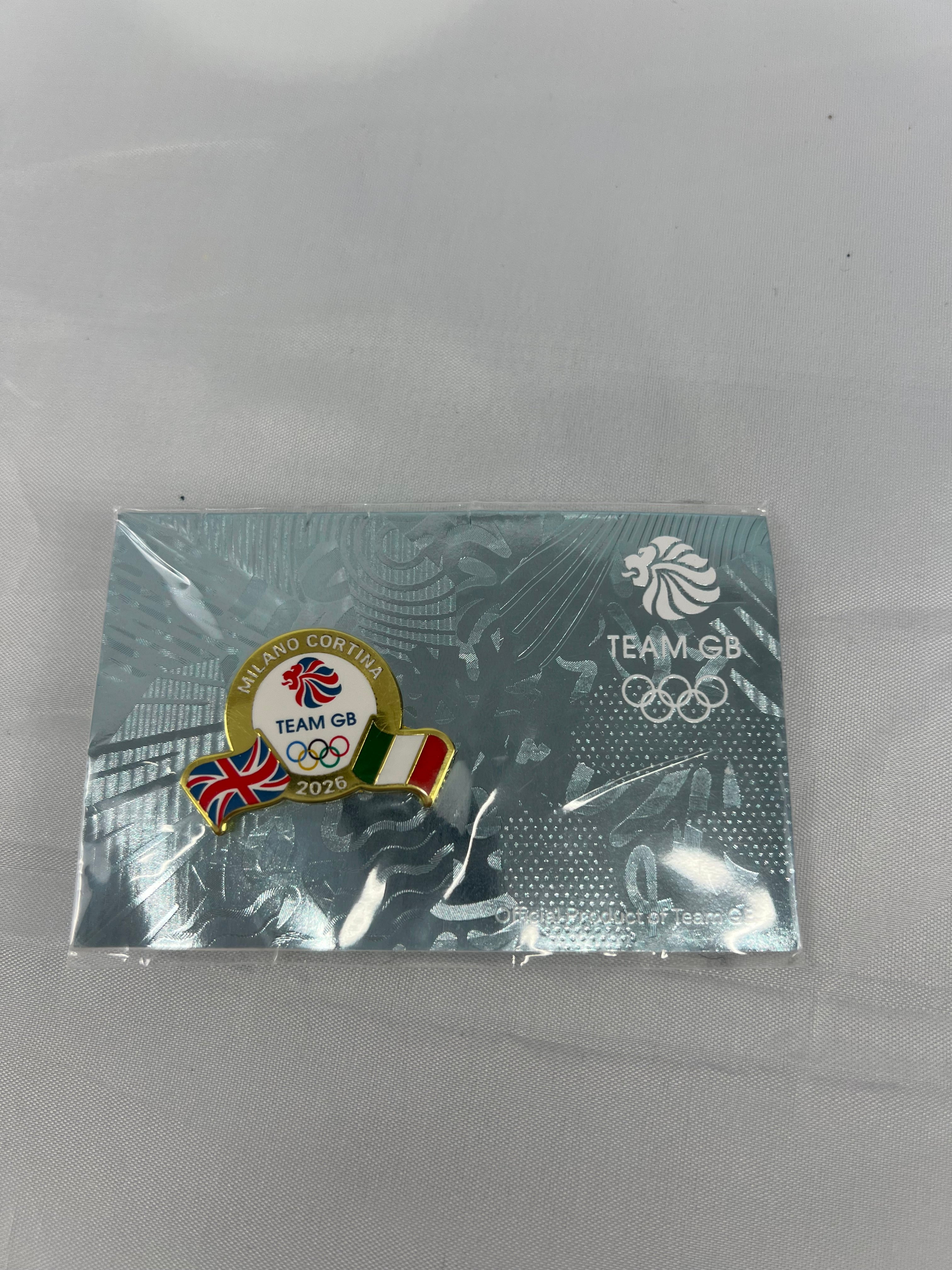 Official Team GB Milano Cortina 2026 Olympic pin featuring UK and Italy flags