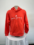 Front view of Adidas Team GB women's red hoodie with Great Britain and winter 2026 print