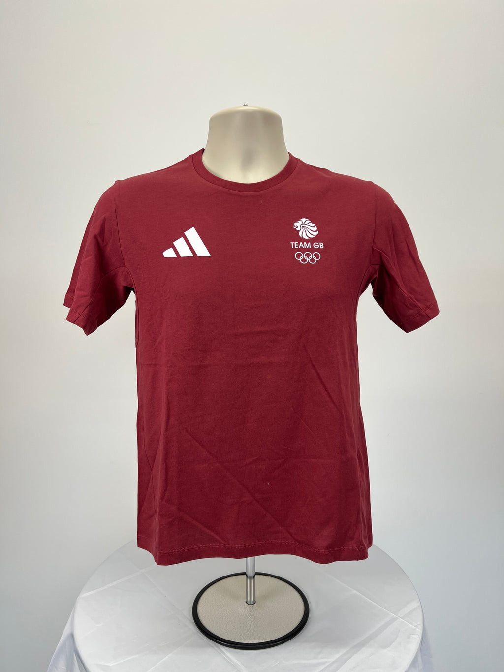 Adidas Team GB women's burgundy t-shirt front view with white logo and lion crest