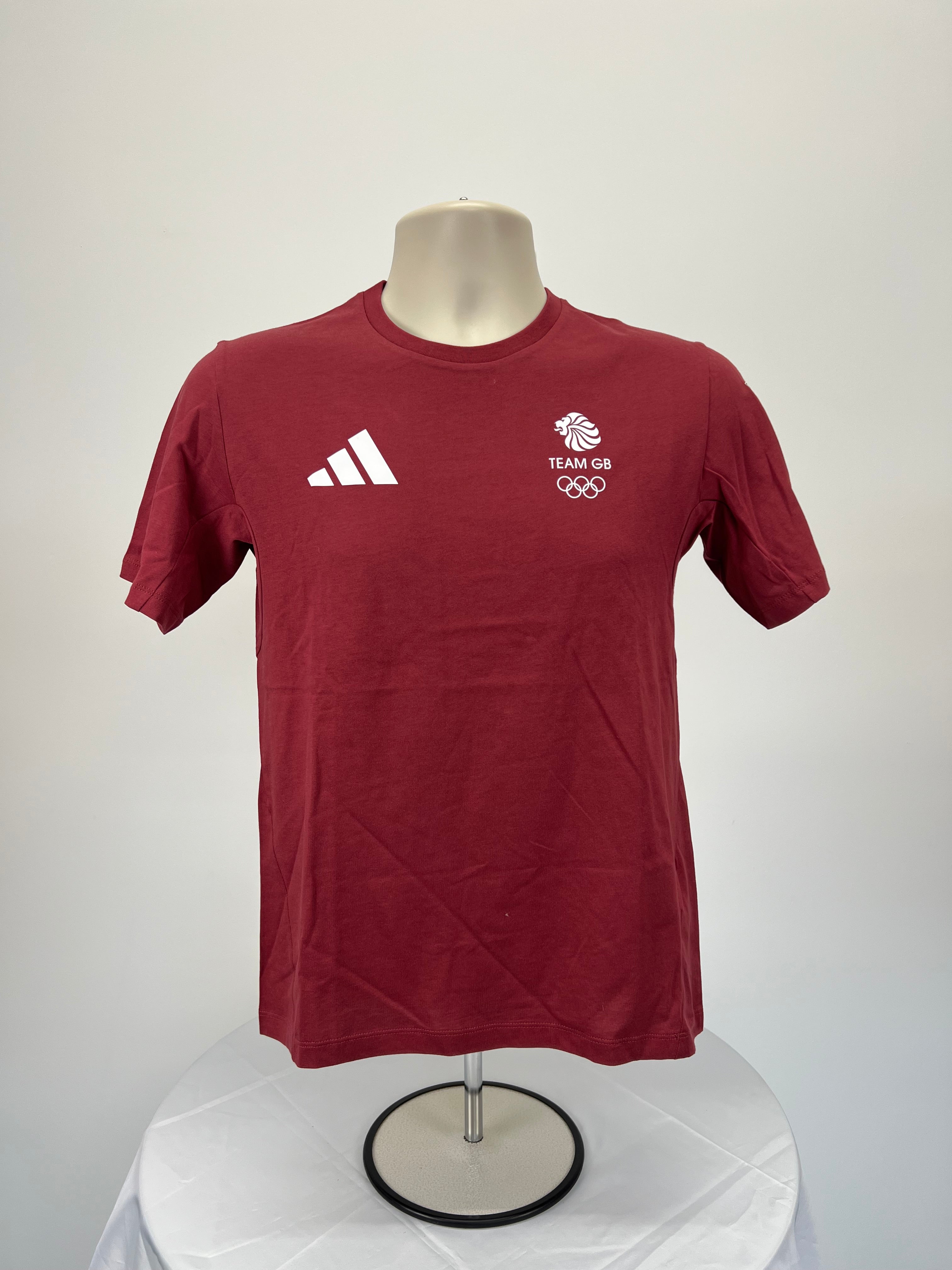 Adidas Team GB women's burgundy t-shirt front view with white logo and lion crest