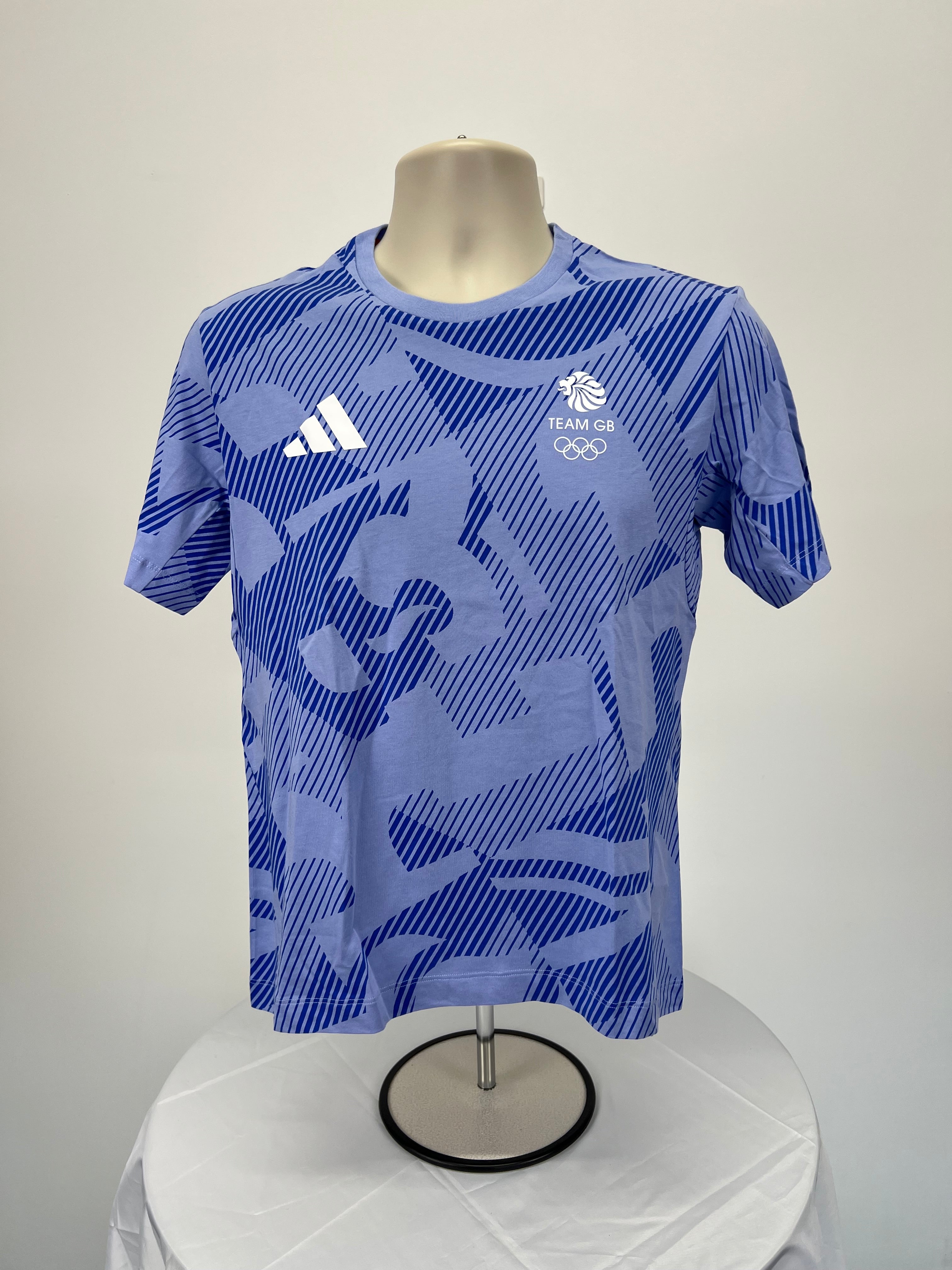 Front view of women's Adidas Team GB patterned blue T-shirt with logo and Olympic emblem