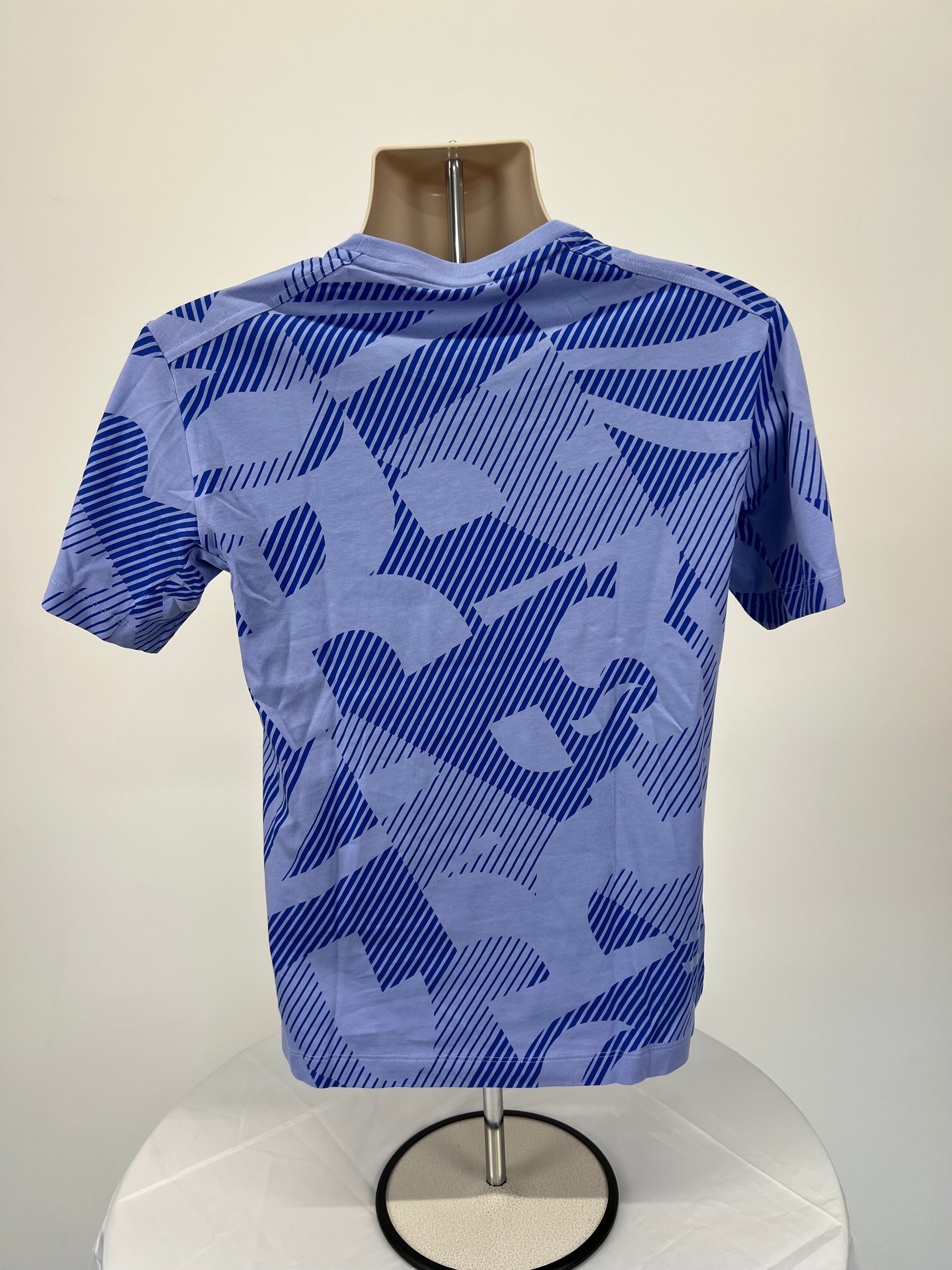 Back view of women's Adidas Team GB patterned blue T-shirt showing the full geometric design
