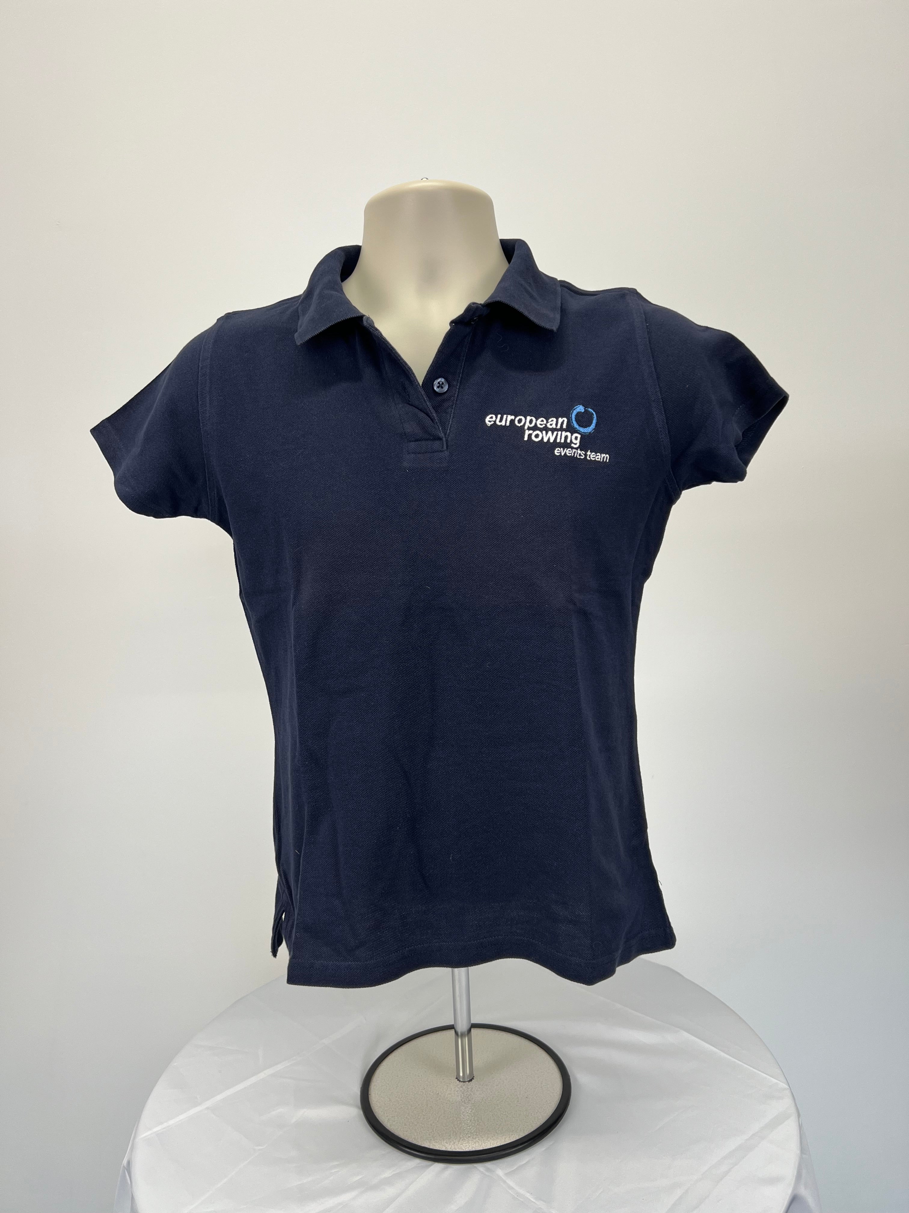 Navy blue women’s polo shirt with European Rowing events team logo embroidered on the left chest front