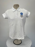 Front view of women’s white polo shirt with European Olympic Committees logo on chest