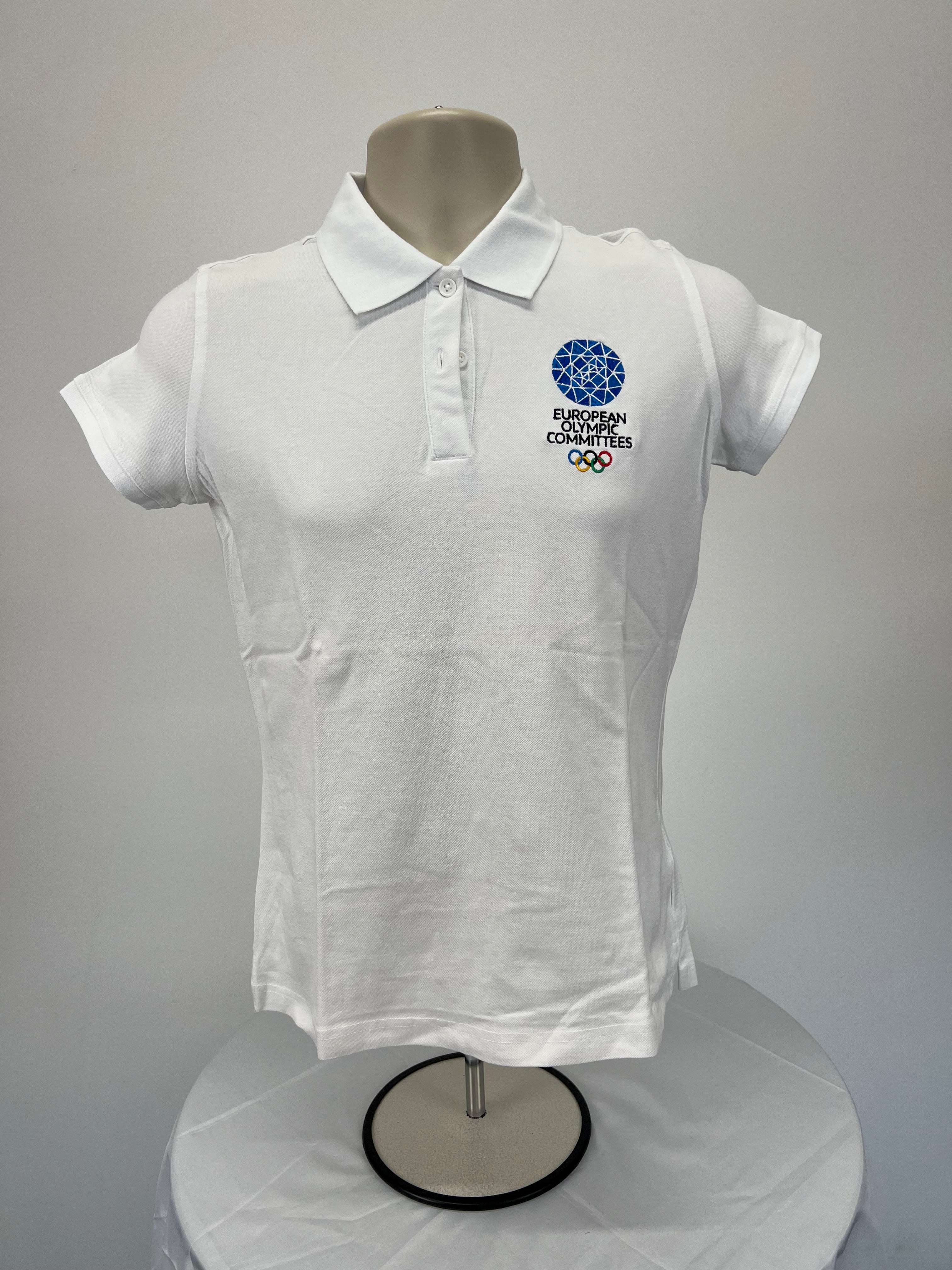 Front view of women’s white polo shirt with European Olympic Committees logo on chest