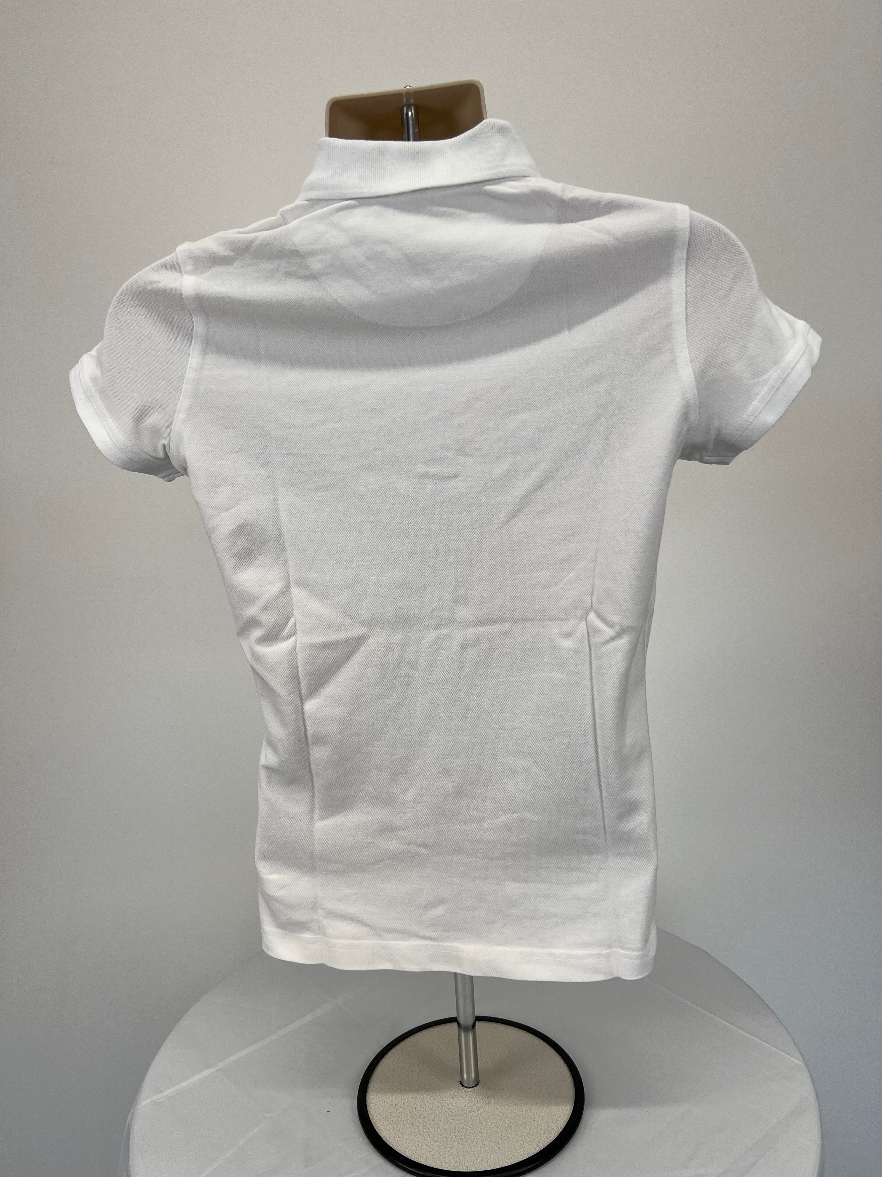 Back view of women’s white polo shirt showing plain design and collar