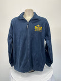 Men's navy blue full zip fleece jacket with yellow embroidered crest on front chest displayed on mannequin