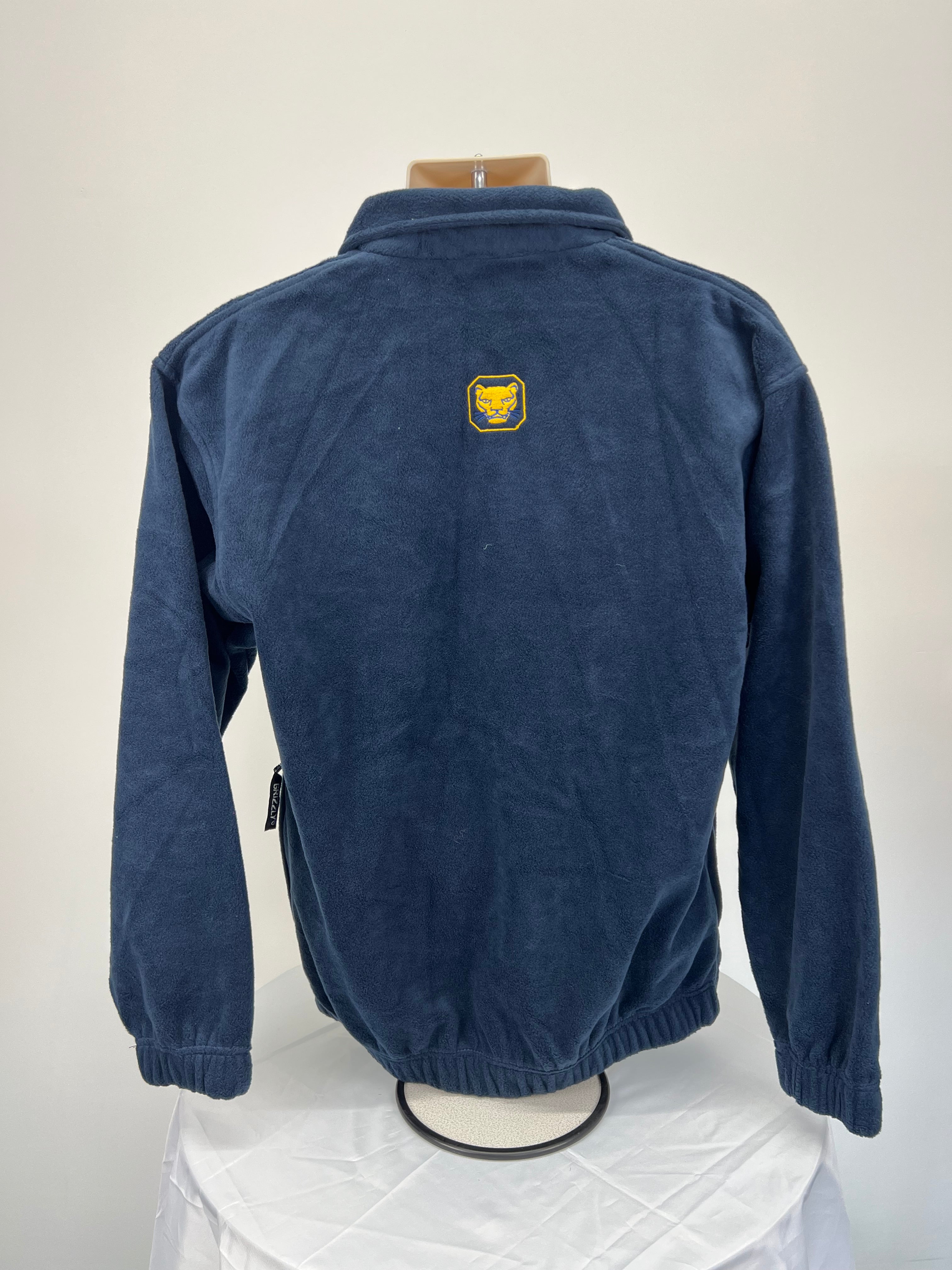 Back view of men's navy blue fleece jacket showing yellow embroidered lion emblem and elasticated cuffs and hem