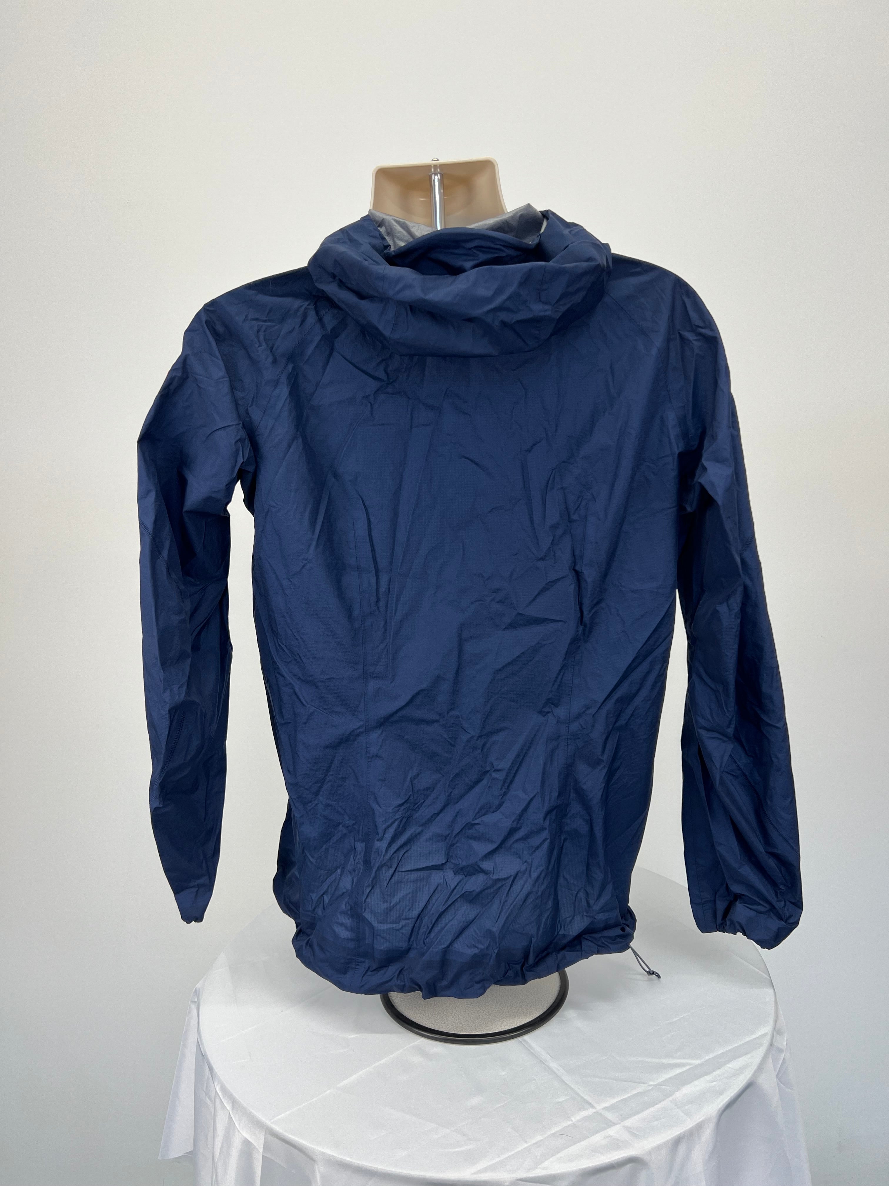 Back view of navy Adidas lightweight jacket with adjustable hood and elasticated cuffs