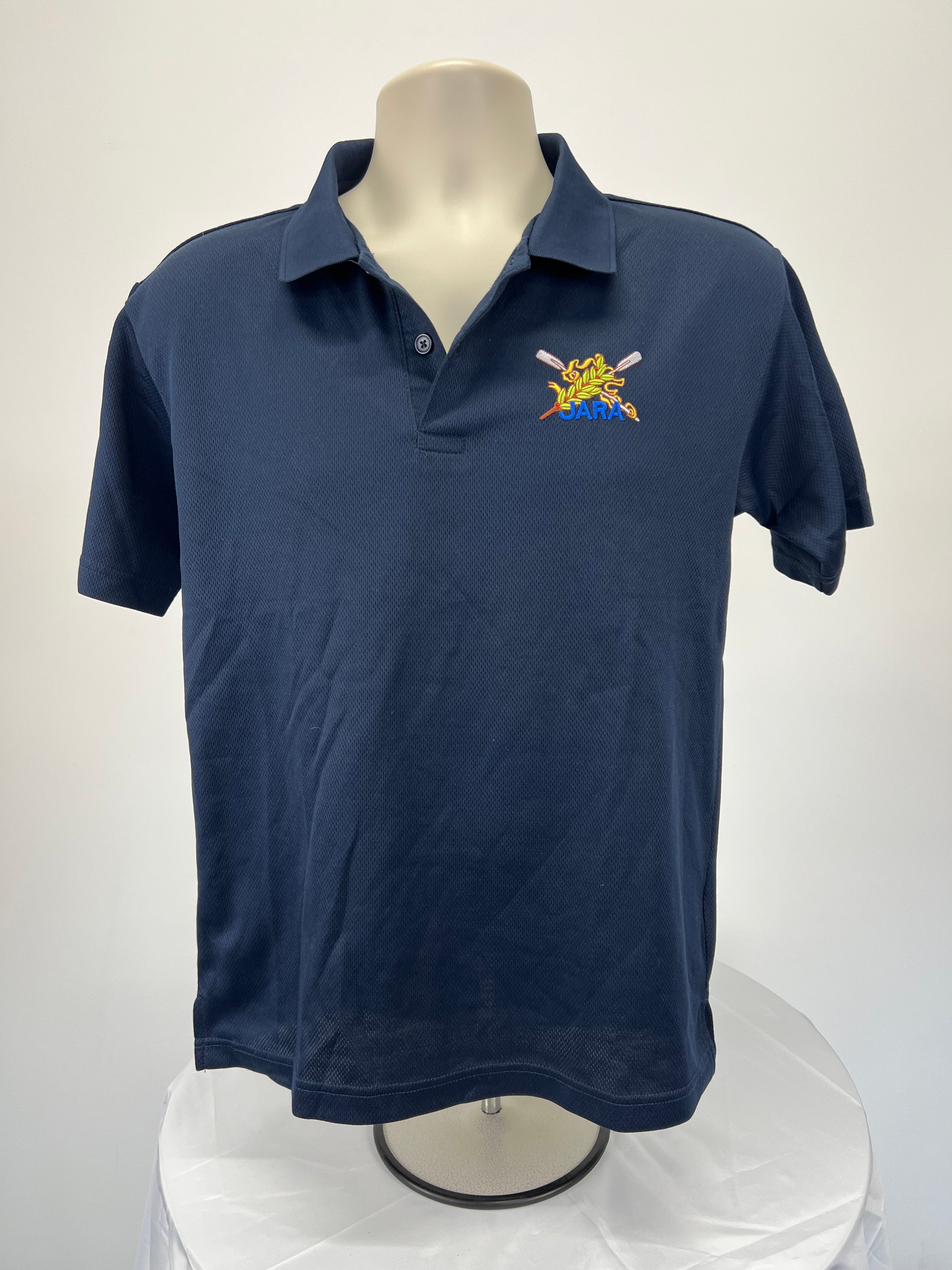 Front view of men’s navy blue Jara rowing polo shirt with embroidered logo