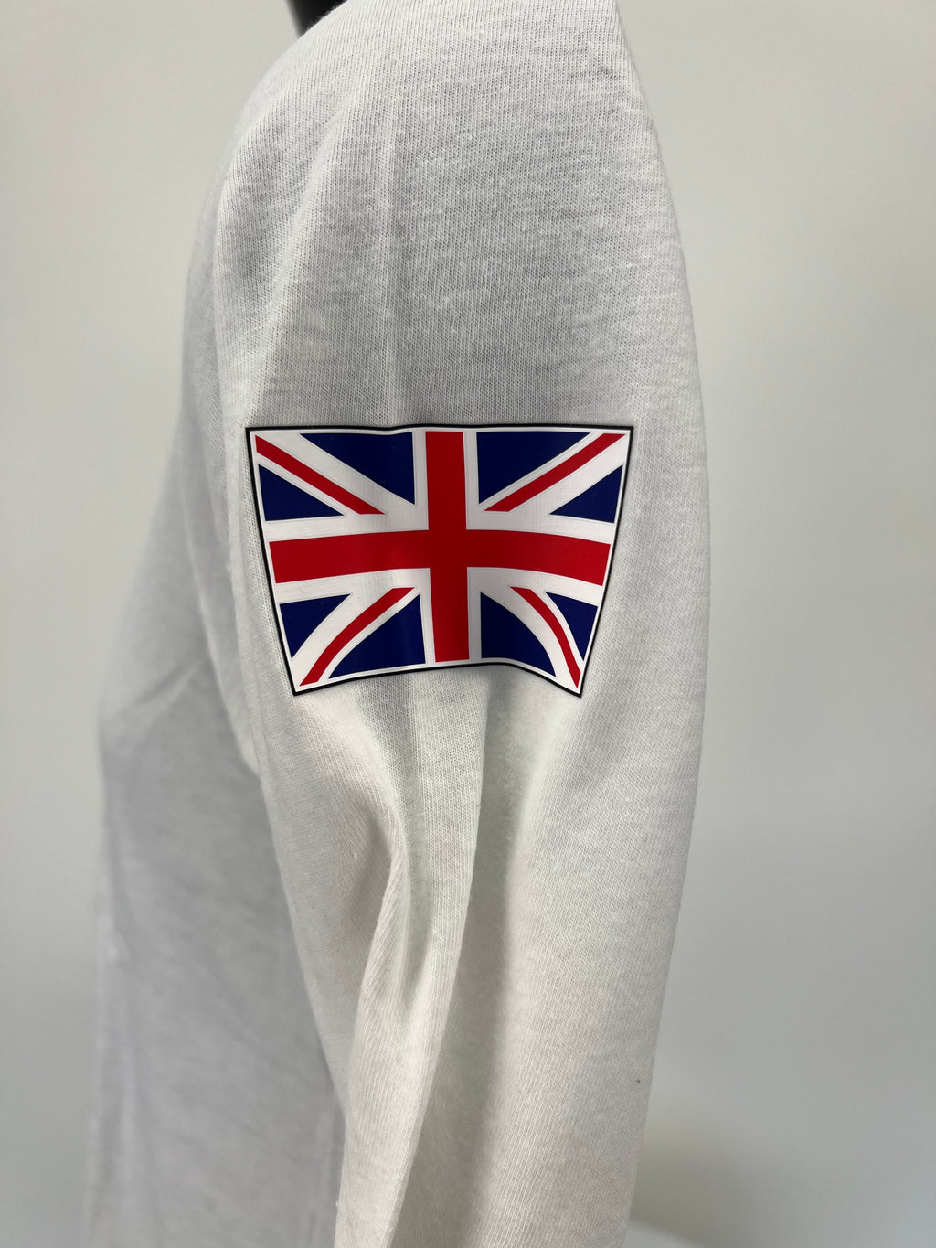 Close-up of Union Jack flag graphic on right sleeve
