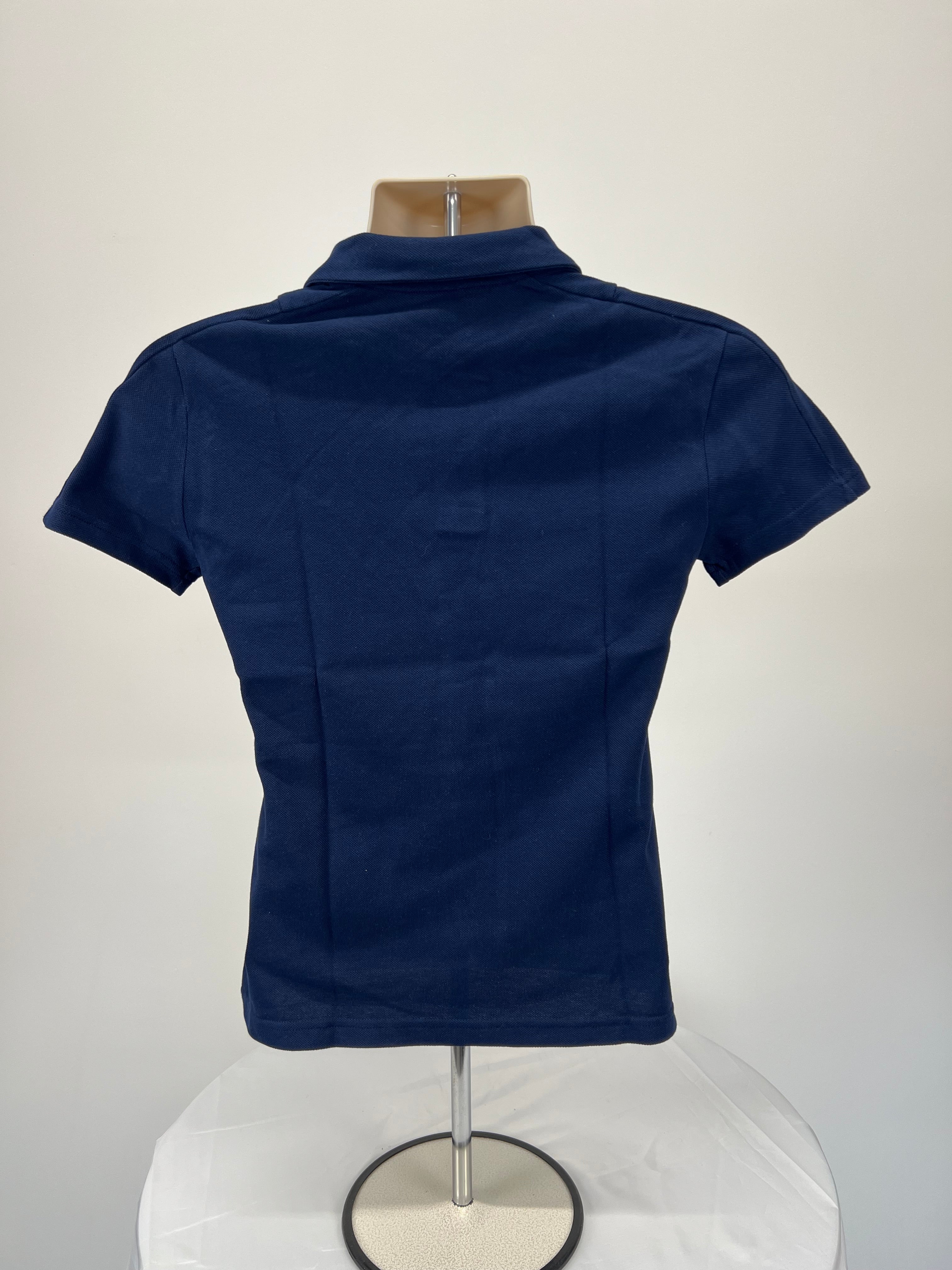 Back view of navy blue women's Team GB polo shirt showing plain design and fitted tailoring