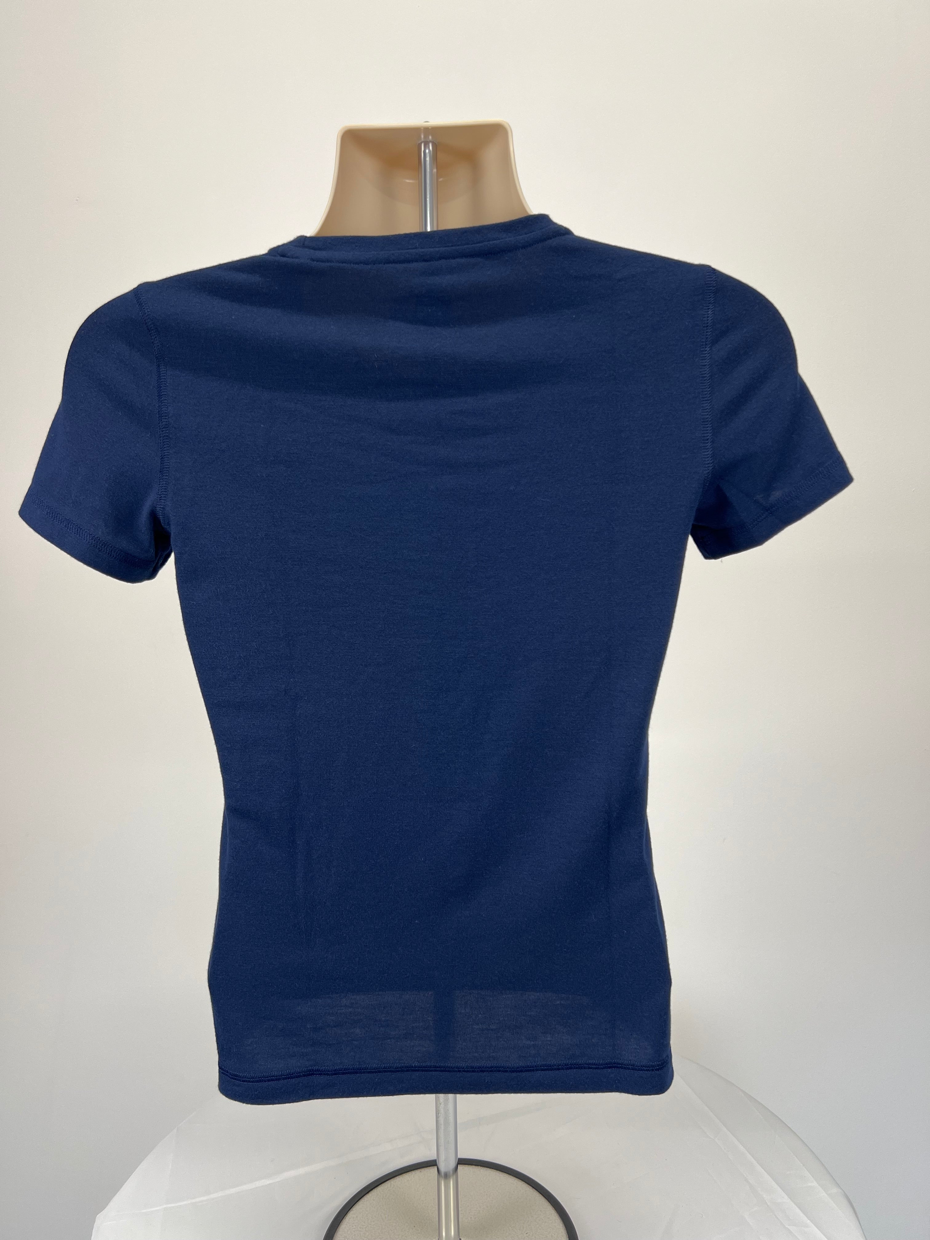 Back view of navy blue women's t-shirt showing plain design