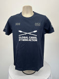 Front view of Helly Hansen navy blue t-shirt with white rowing oars graphic and Global Canal Rowing Action text
