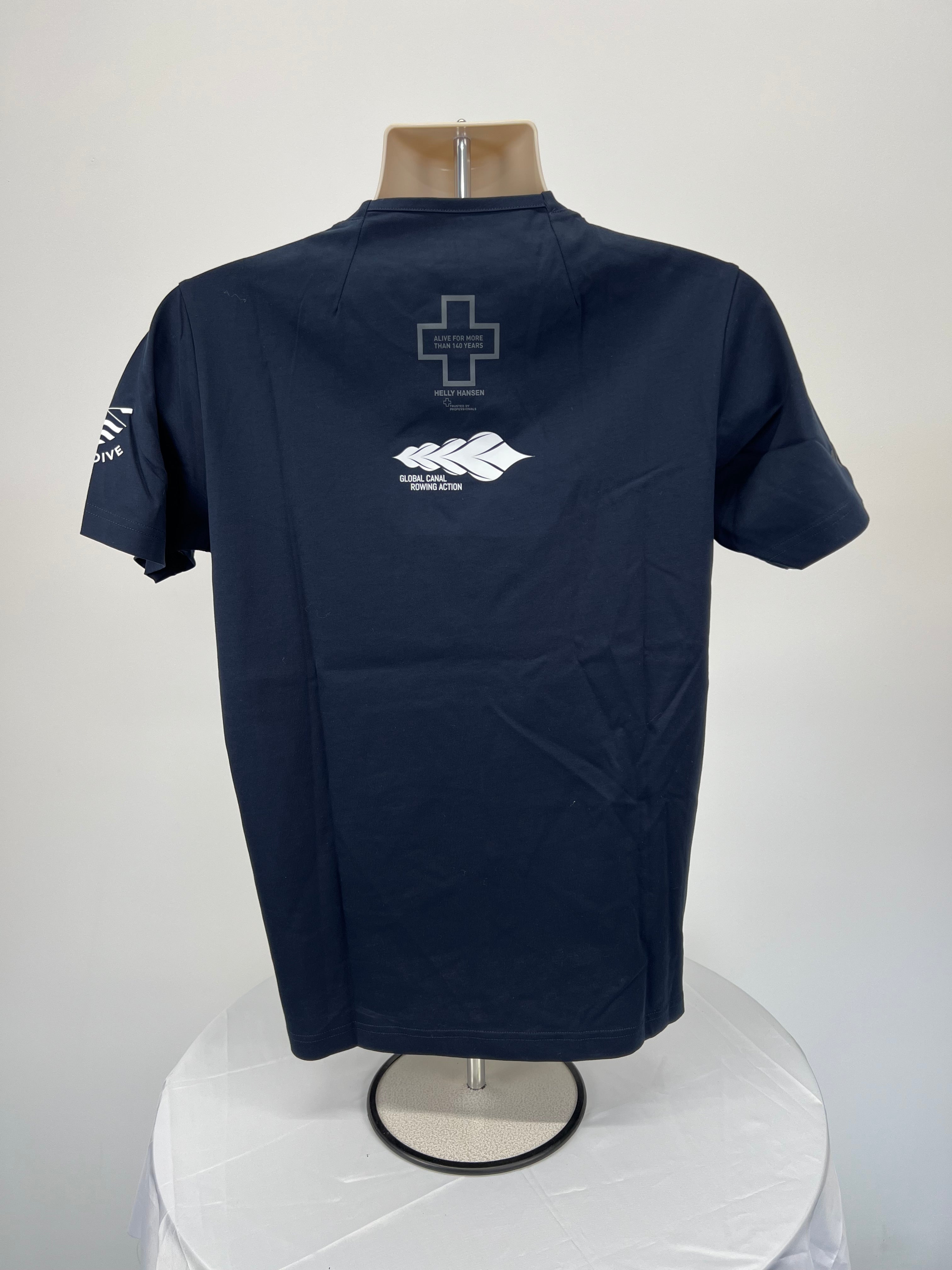 Back view of Helly Hansen navy blue t-shirt with small printed logos and rowing action branding