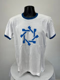 White men's t-shirt with blue oar graphic and blue ringer neckline and sleeves on black mannequin front view