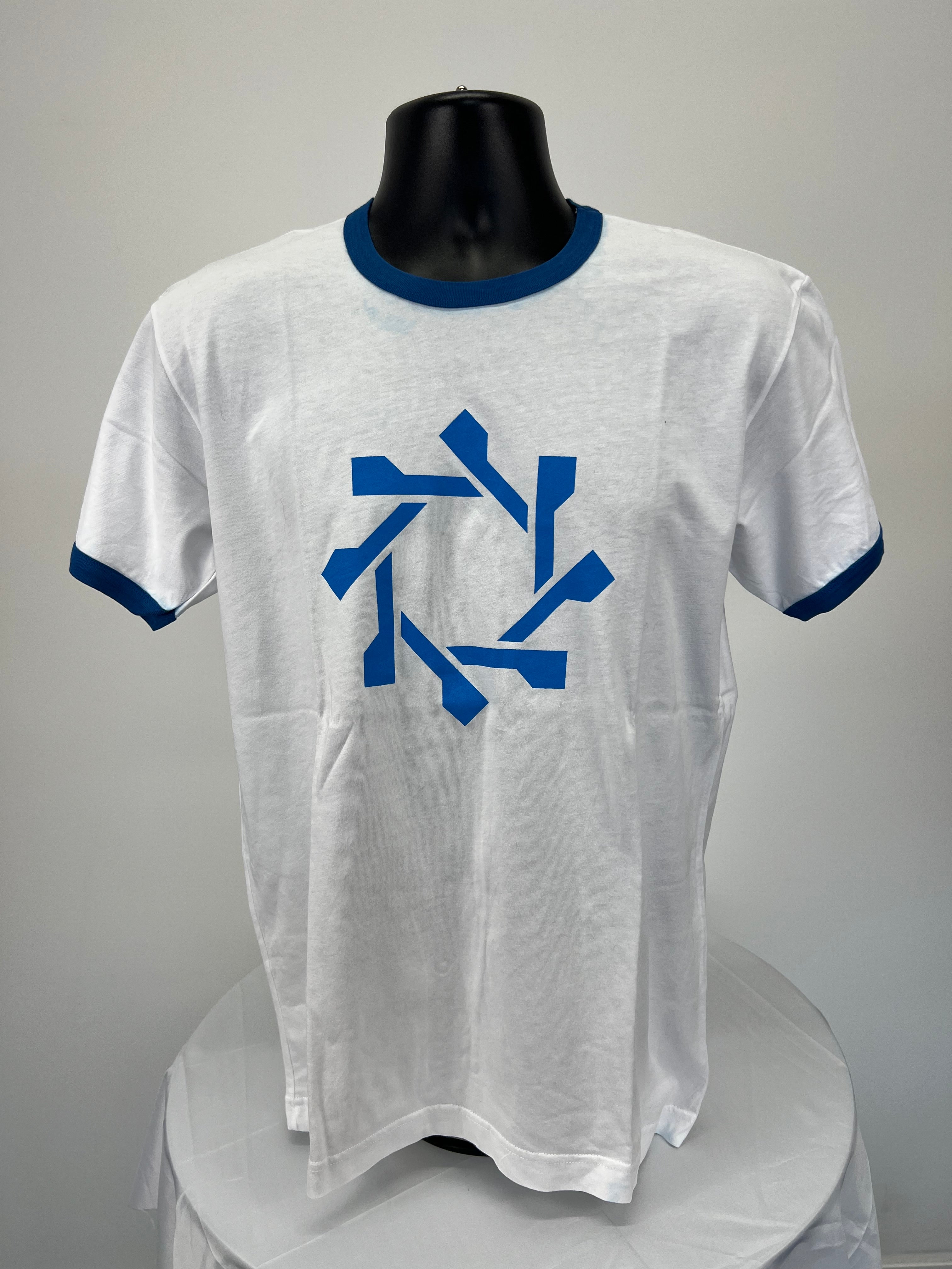 White men's t-shirt with blue oar graphic and blue ringer neckline and sleeves on black mannequin front view