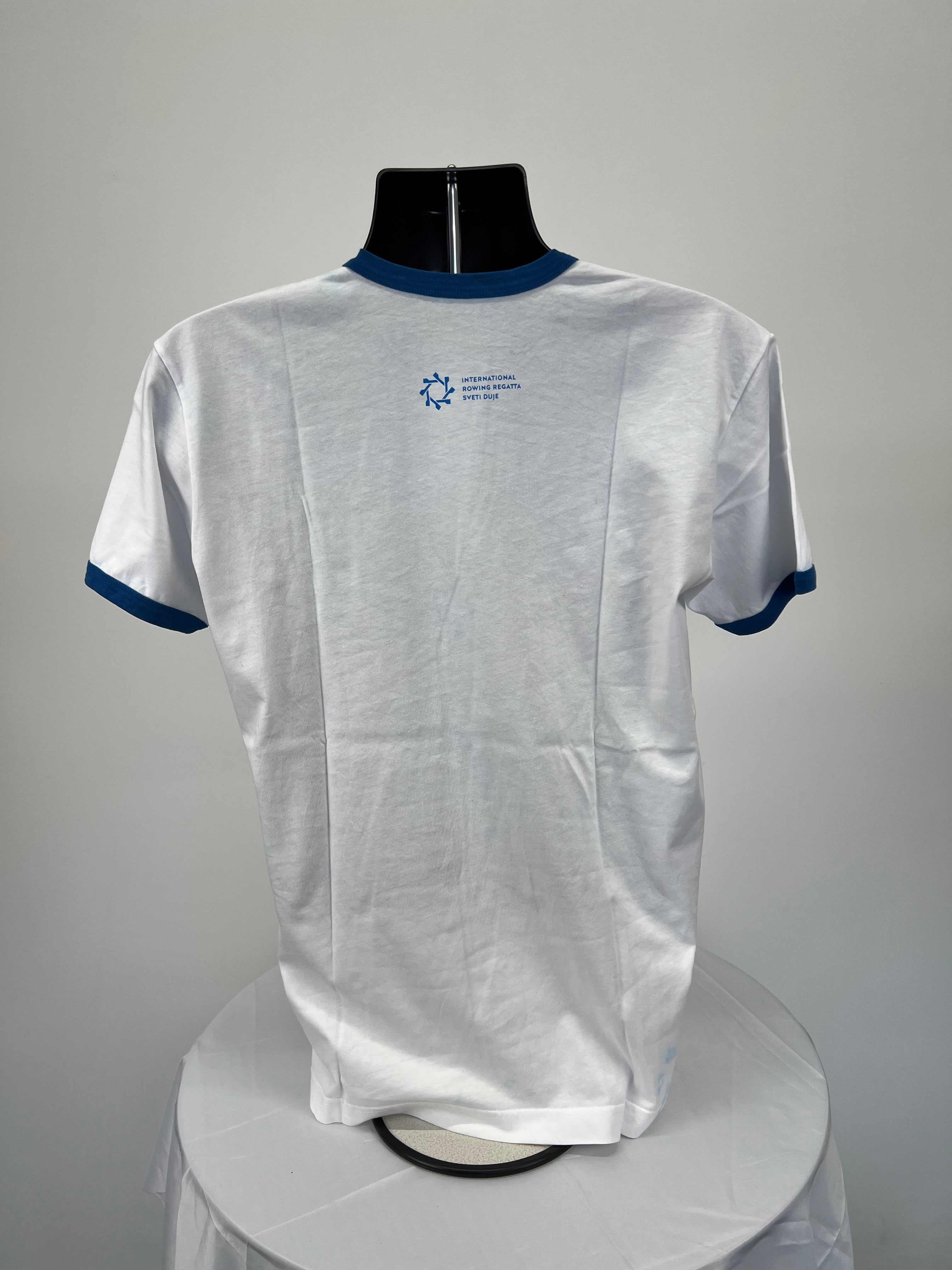Back view of white men's t-shirt showing small rowing regatta logo and text 'INTERNATIONAL ROWING REGATTA SVETI DUJE' below neckline