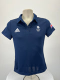 Front view of women's Adidas Team GB navy blue polo shirt with embroidered logos and button collar