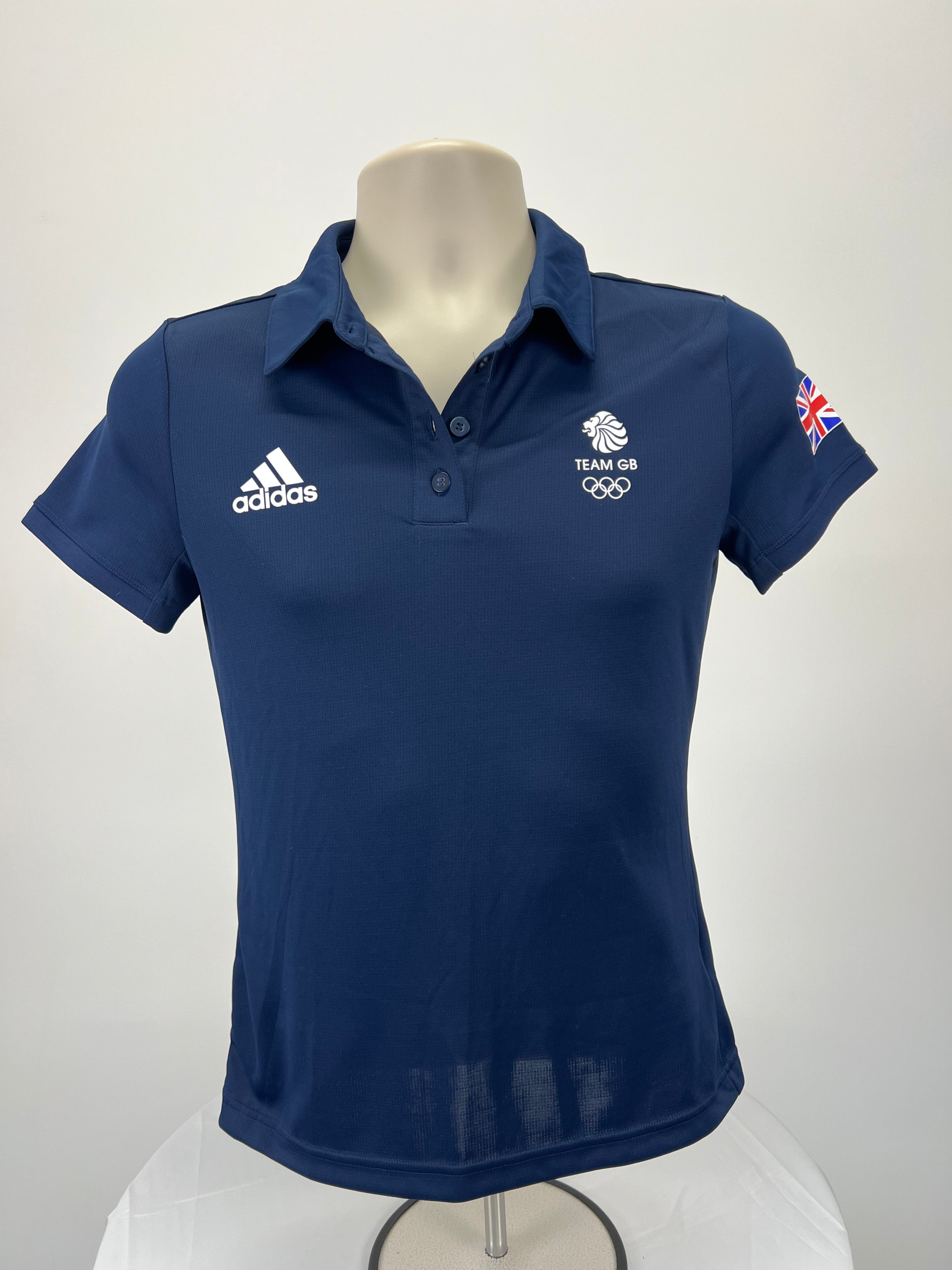 Front view of women's Adidas Team GB navy blue polo shirt with embroidered logos and button collar