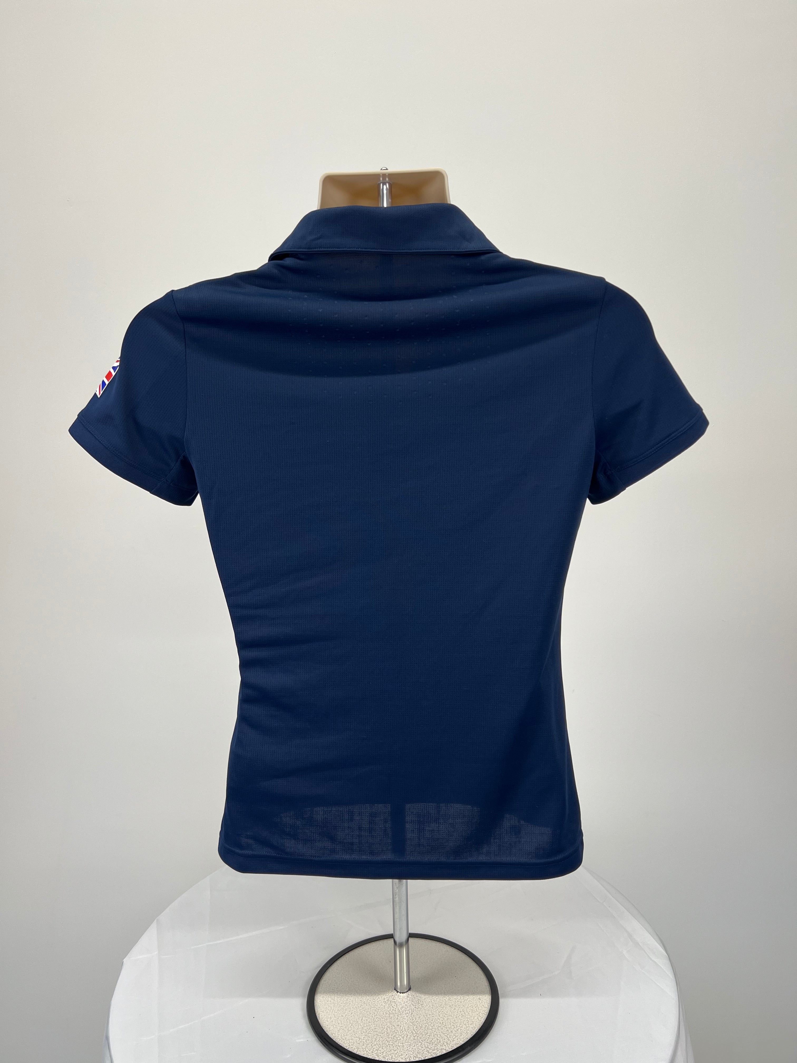 Back view of women's Adidas Team GB navy blue polo shirt showing plain design and collar