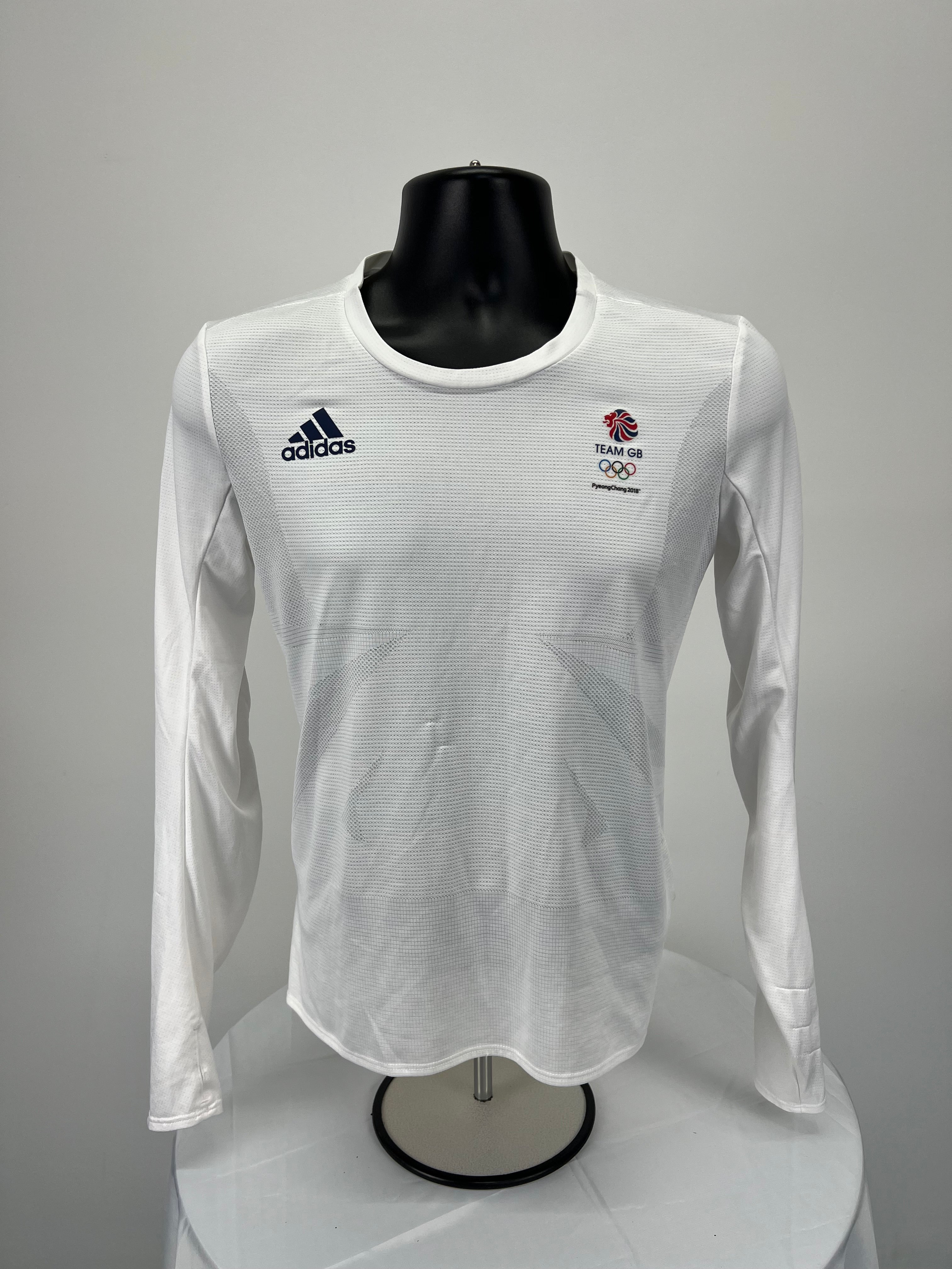 Front view of white adidas Team GB PyeongChang 2018 women's long sleeve top with logos