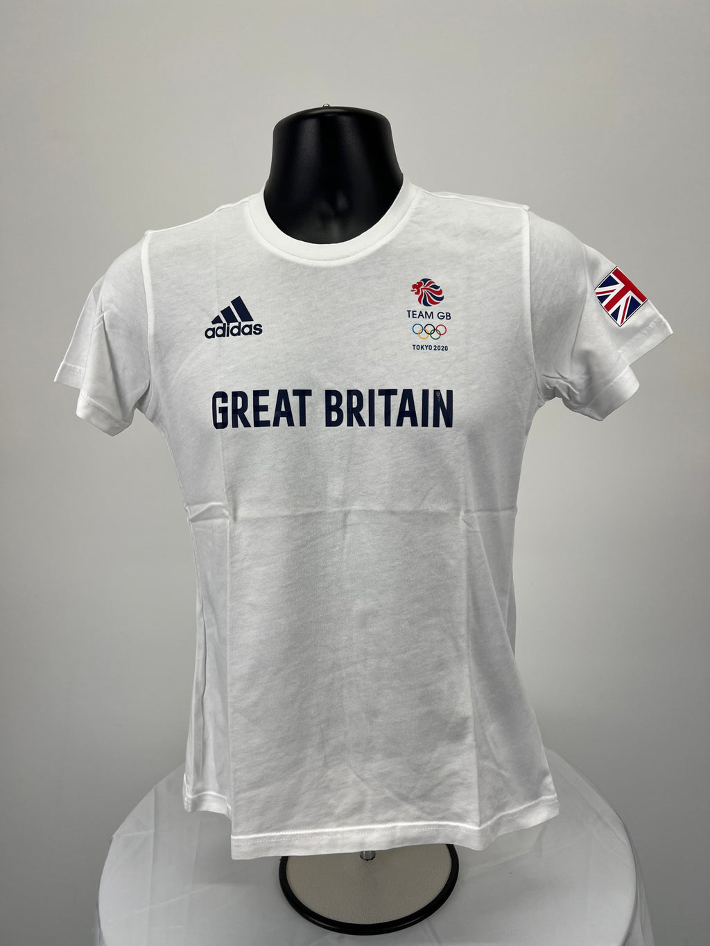 Front view of Adidas Team GB Tokyo 2020 women's white T-shirt with logos and Great Britain print