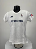Front view of Adidas Team GB Tokyo 2020 women's white T-shirt with logos and Great Britain print