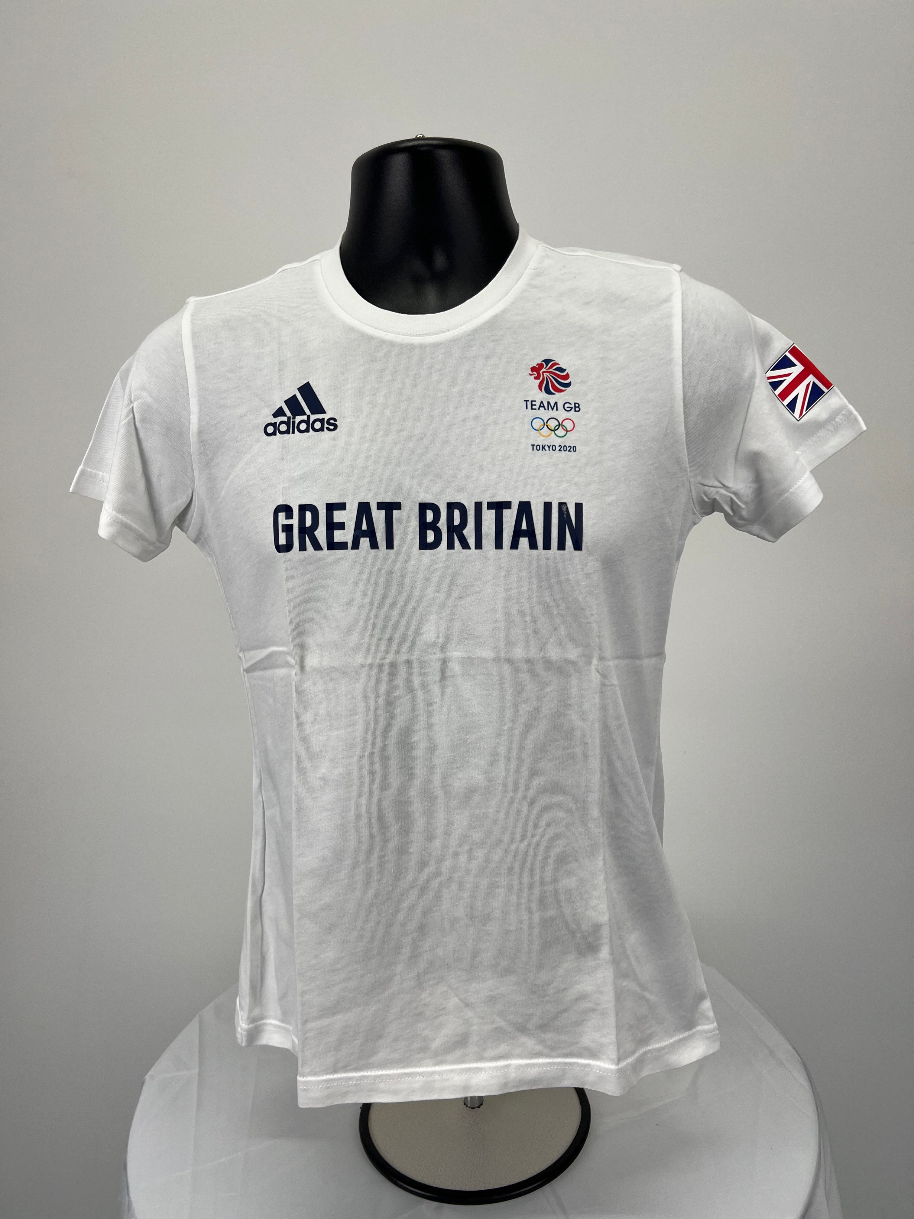 Front view of Adidas Team GB Tokyo 2020 women's white T-shirt with logos and Great Britain print