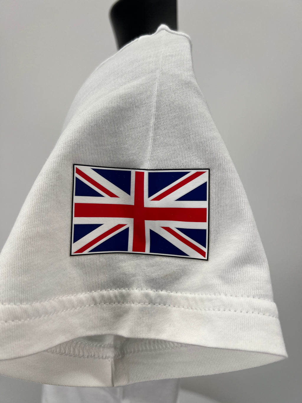 Close-up of Union Jack patch on left sleeve of Adidas Team GB women's T-shirt