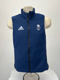Front view of women's Adidas Team GB navy blue gilet with zip and logos