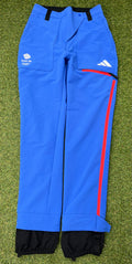 Front view of adidas Team GB women's blue ski trousers with red side zippers and pockets