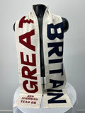 Ben Sherman Team GB scarf draped on mannequin showing red and navy lettering on ivory background