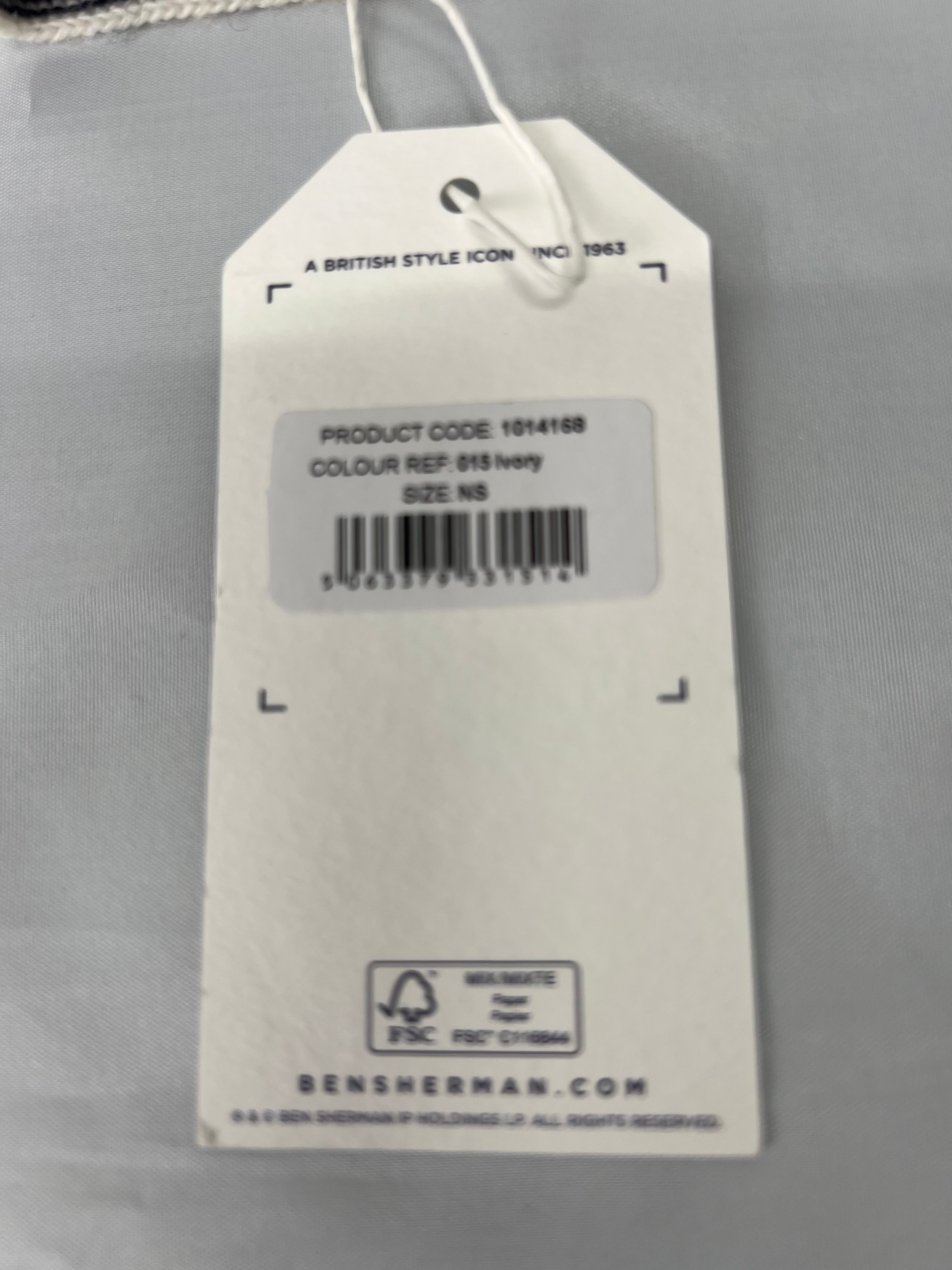 Back of product tag showing product code and colour reference on white background