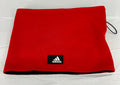 Red Adidas neck warmer with black fleece lining and Adidas logo patch on front
